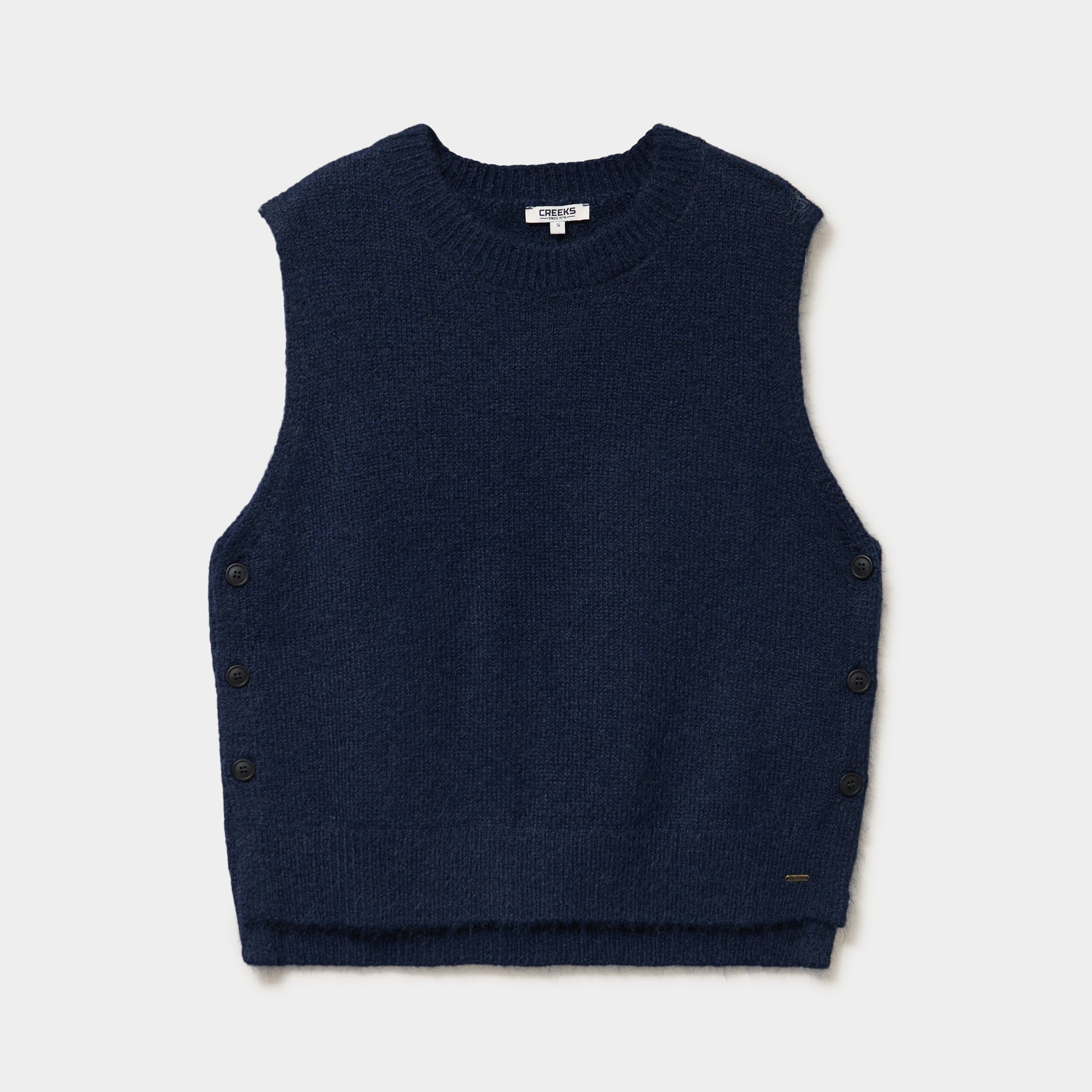 Pull col rond sans manches &agrave; boutons bleu fonc&eacute; femme