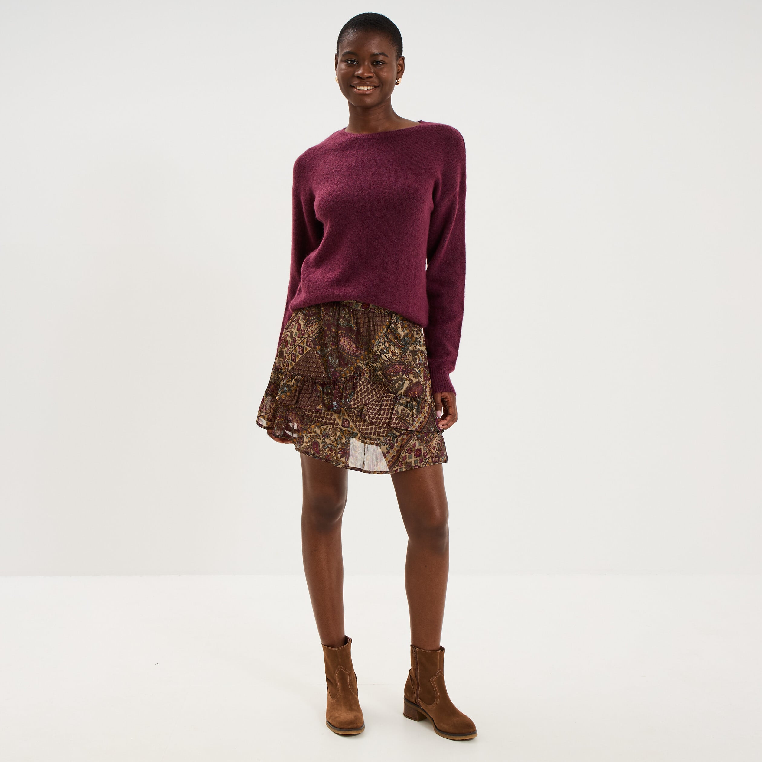Pull col rond manches longues prune femme