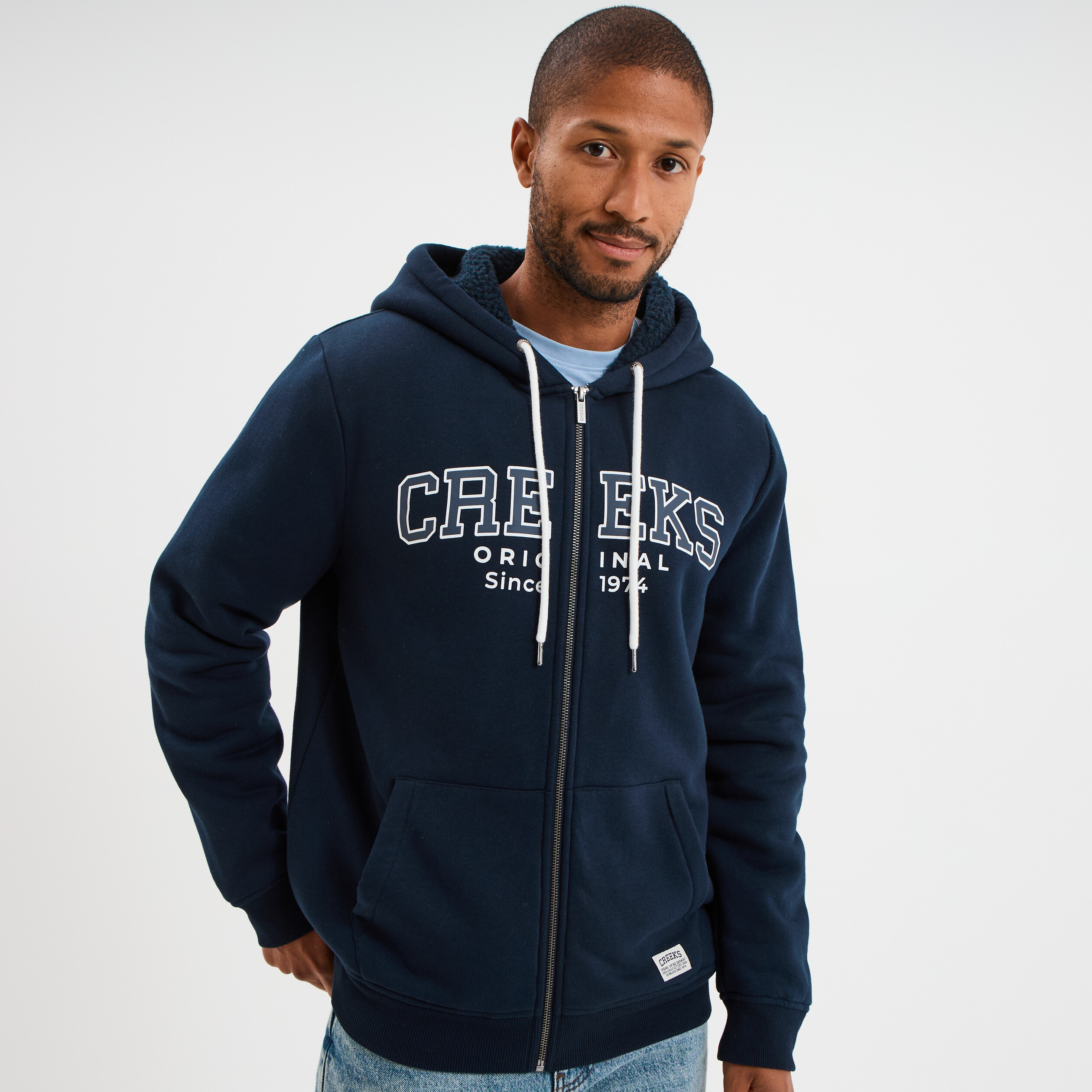 sweat zippe a capuche double bleu marine homme Sweat zippé à capuche doublé bleu marine homme