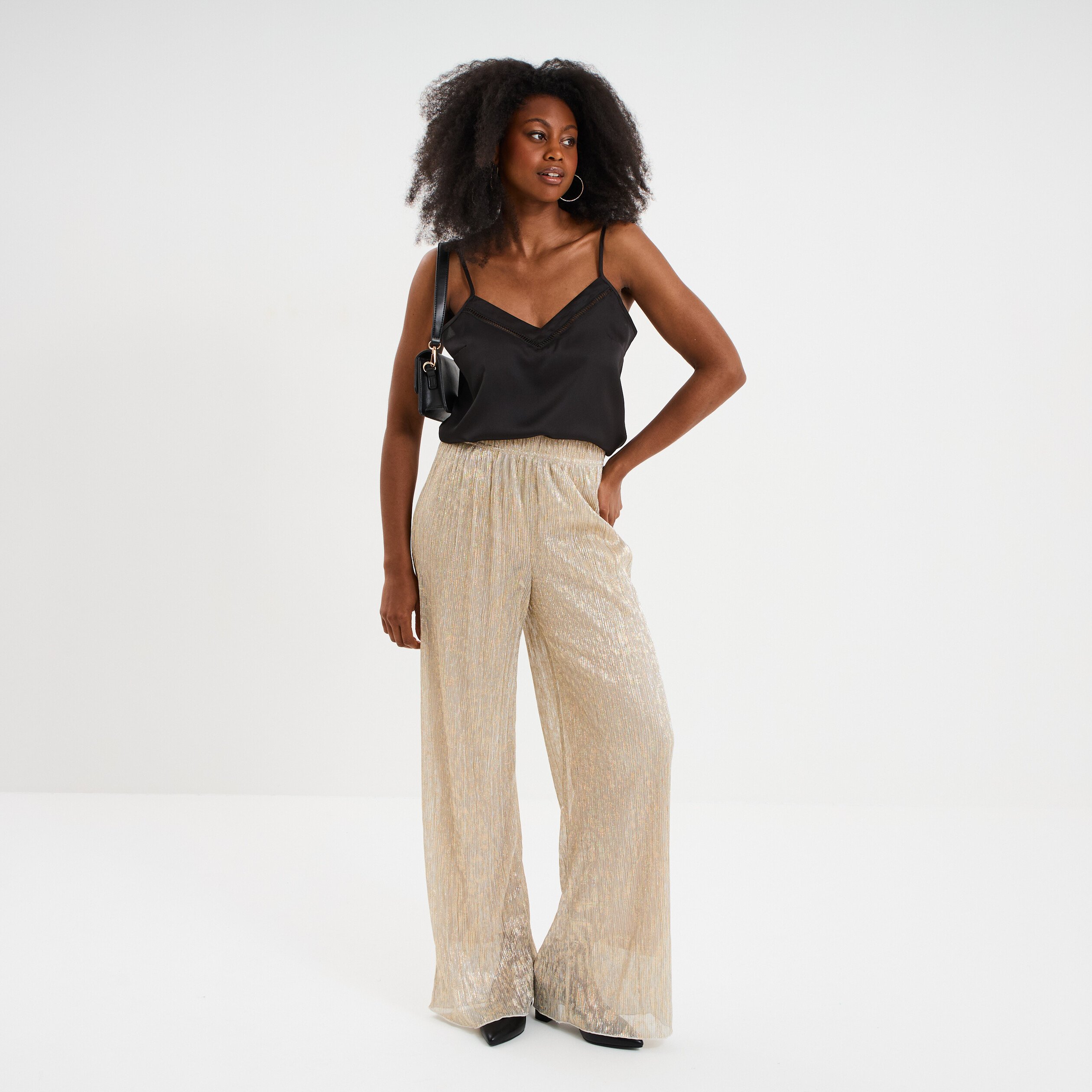 pantalon plisse taille elastiquee jaune or femme Pantalon plissé taille élastiquée jaune or femme