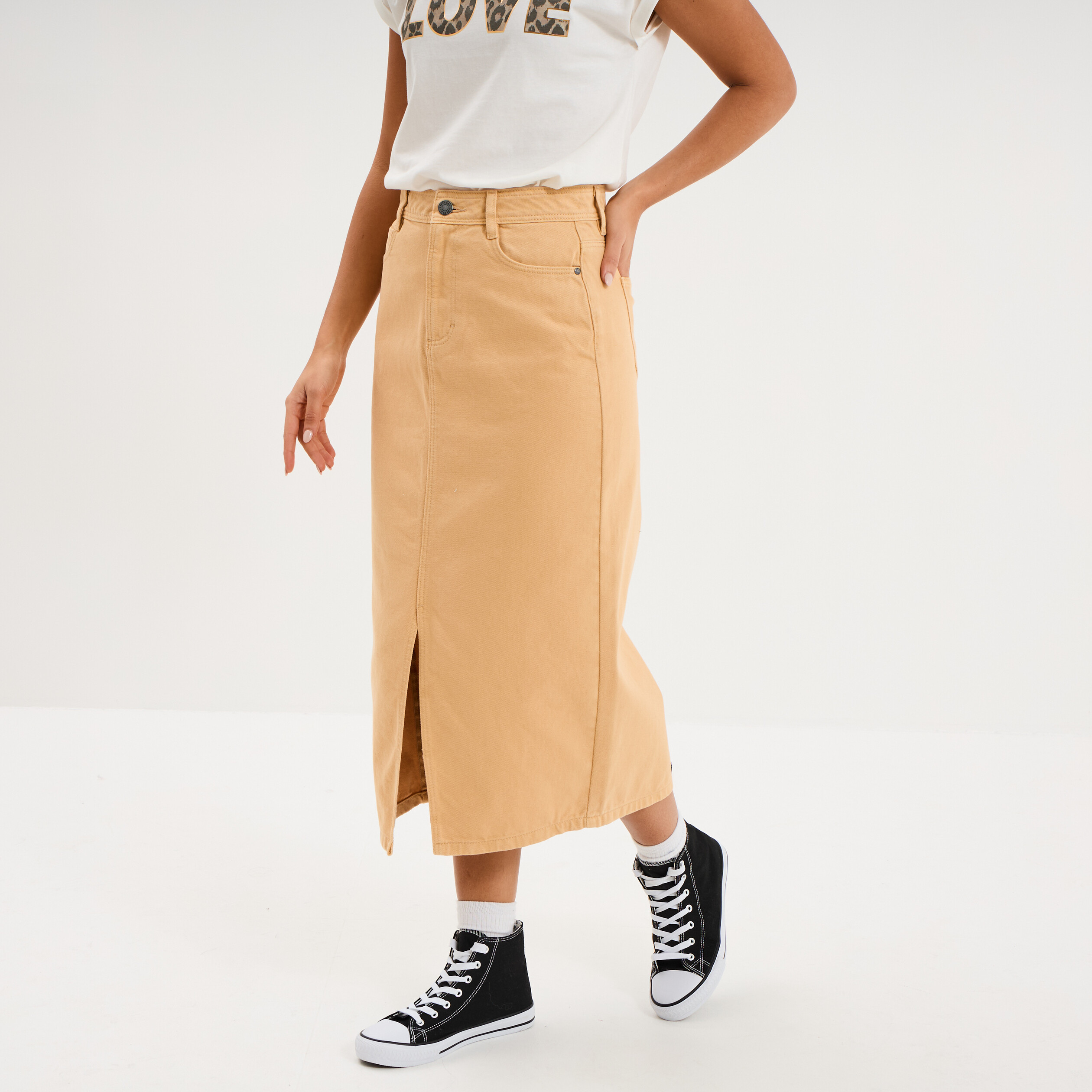 Jupe en jean longue fendue droite beige femme