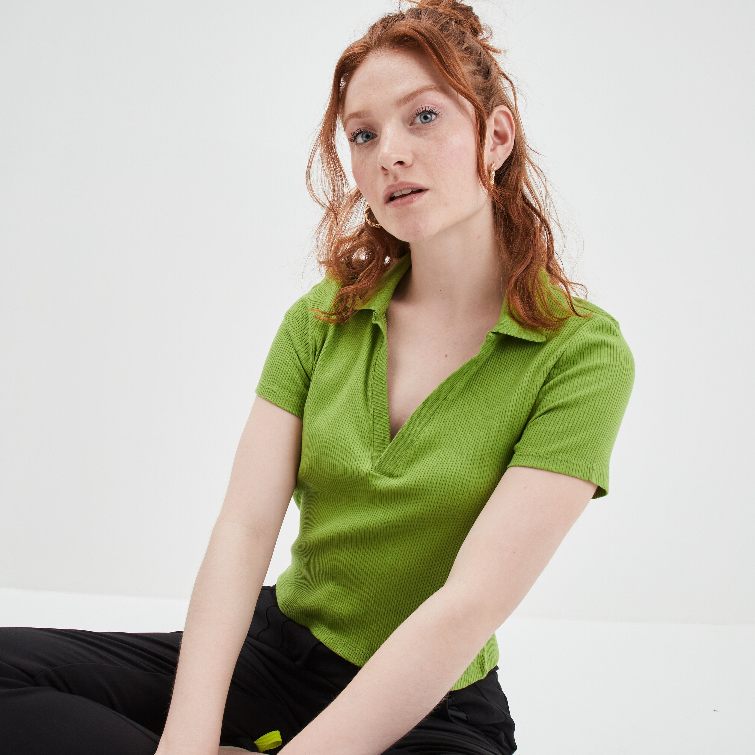 T shirt court c tel col polo coton vert femme