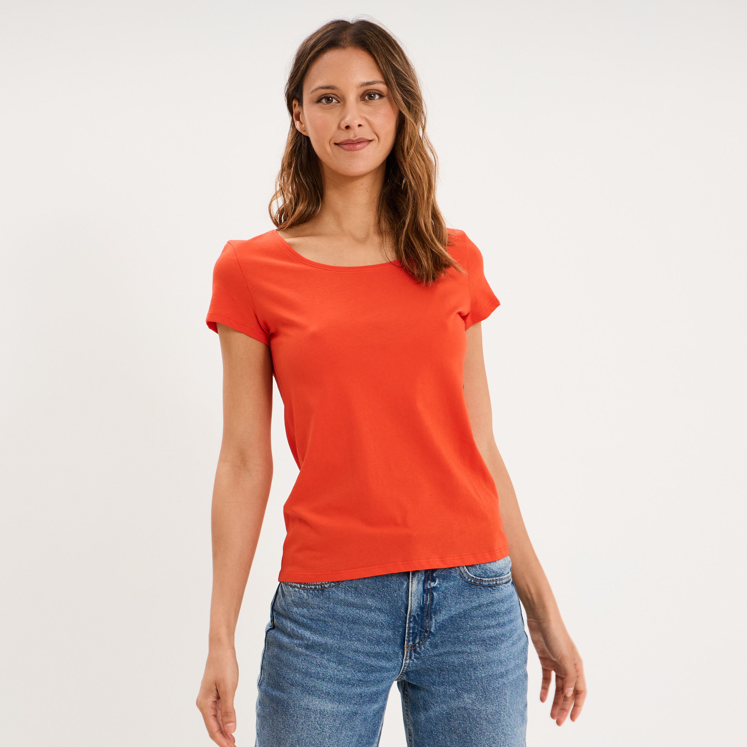 T-shirt coton col rond manches courtes orange femme