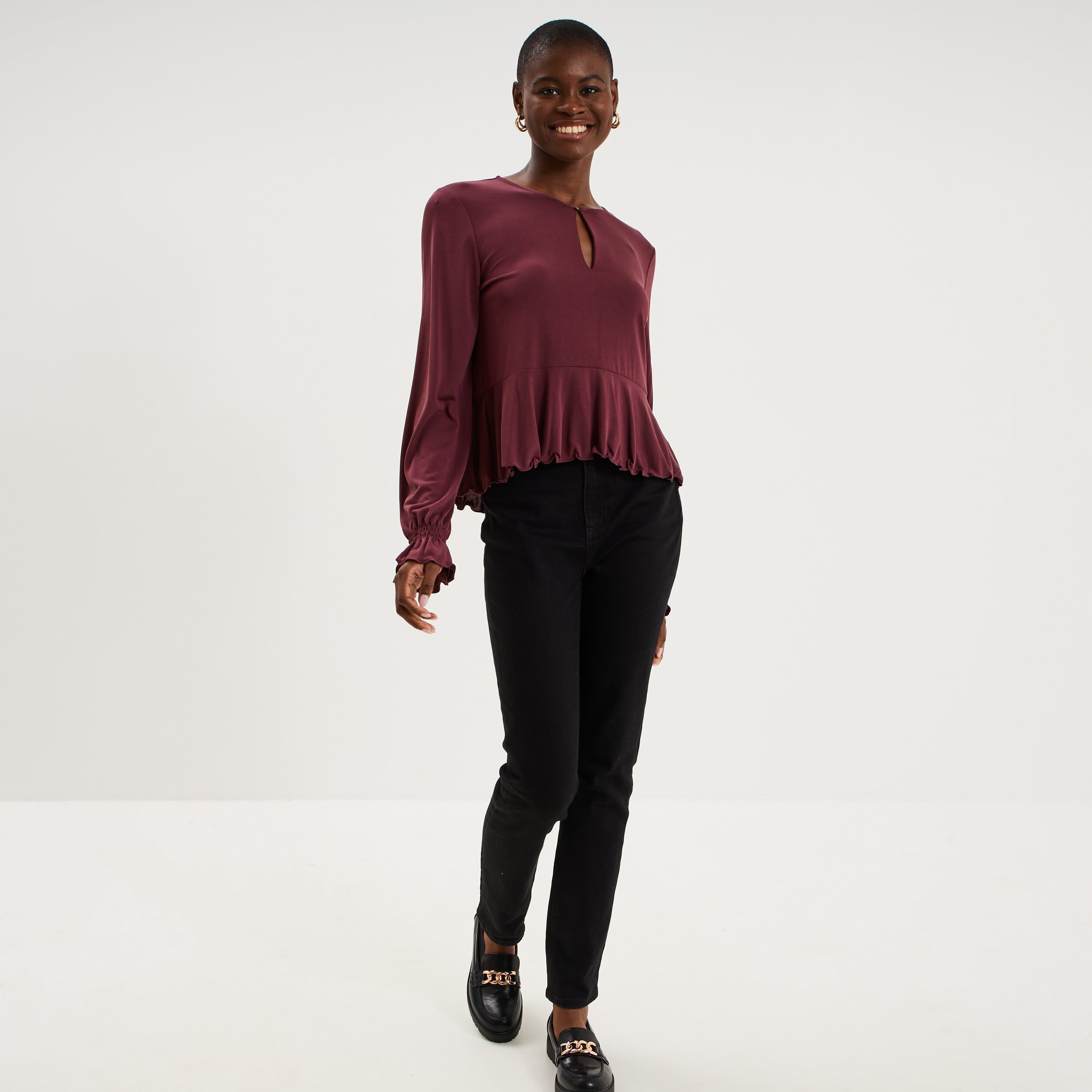 Blouse &agrave; volants manches longues violet fonc&eacute; femme