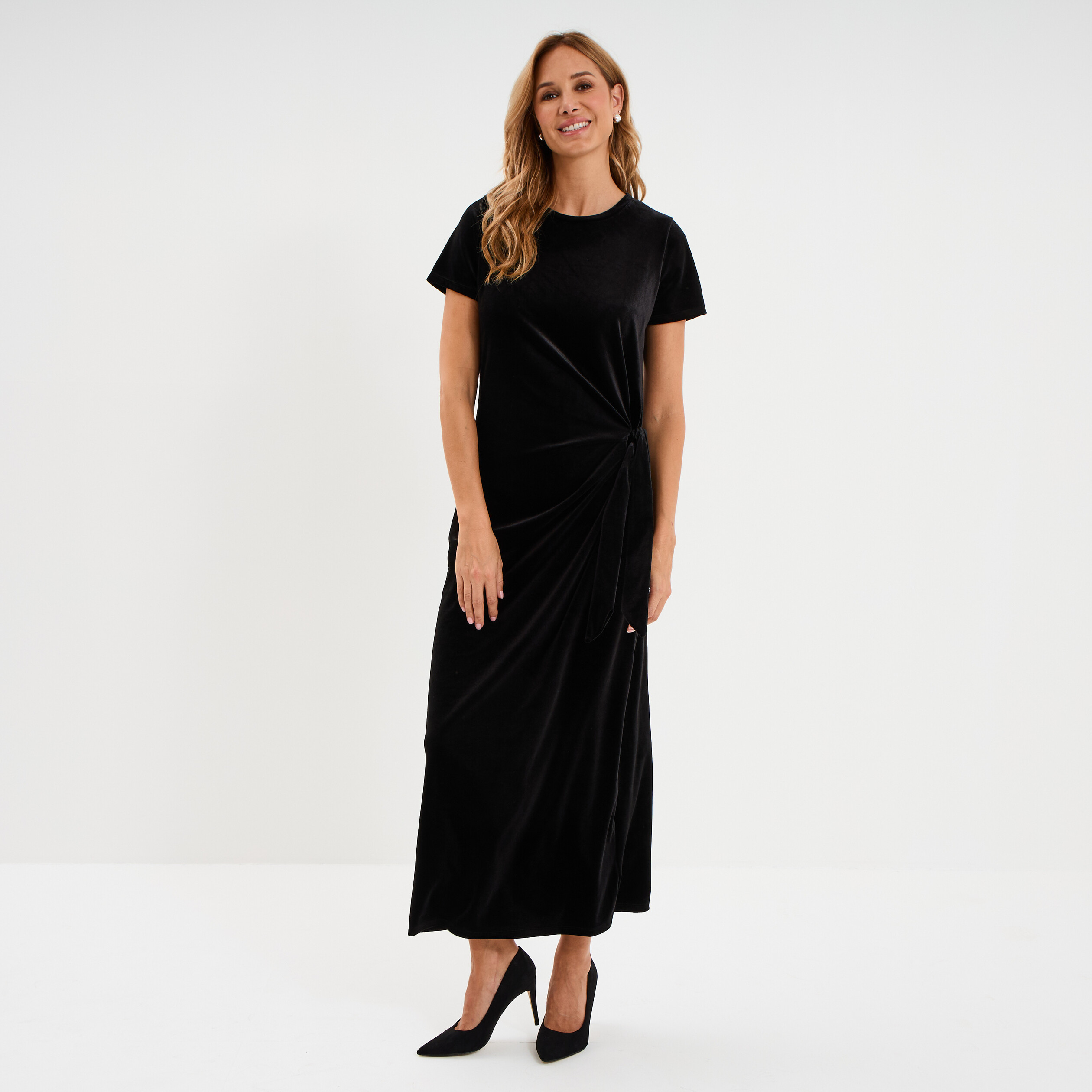 Robe effet velours longue noeud c&ocirc;t&eacute; noir femme