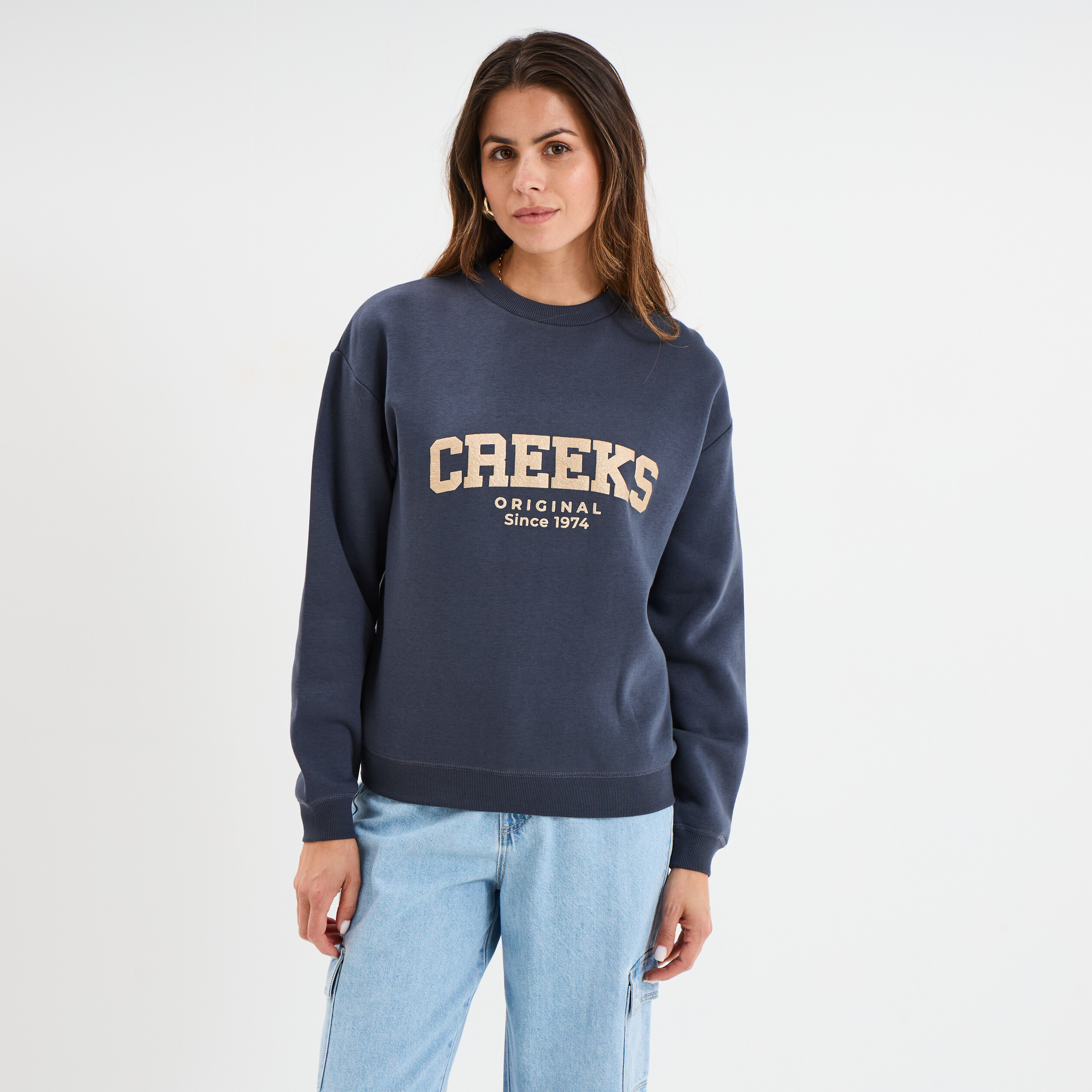 Sweat molleton col rond manches longues bleu fonc&eacute; femme