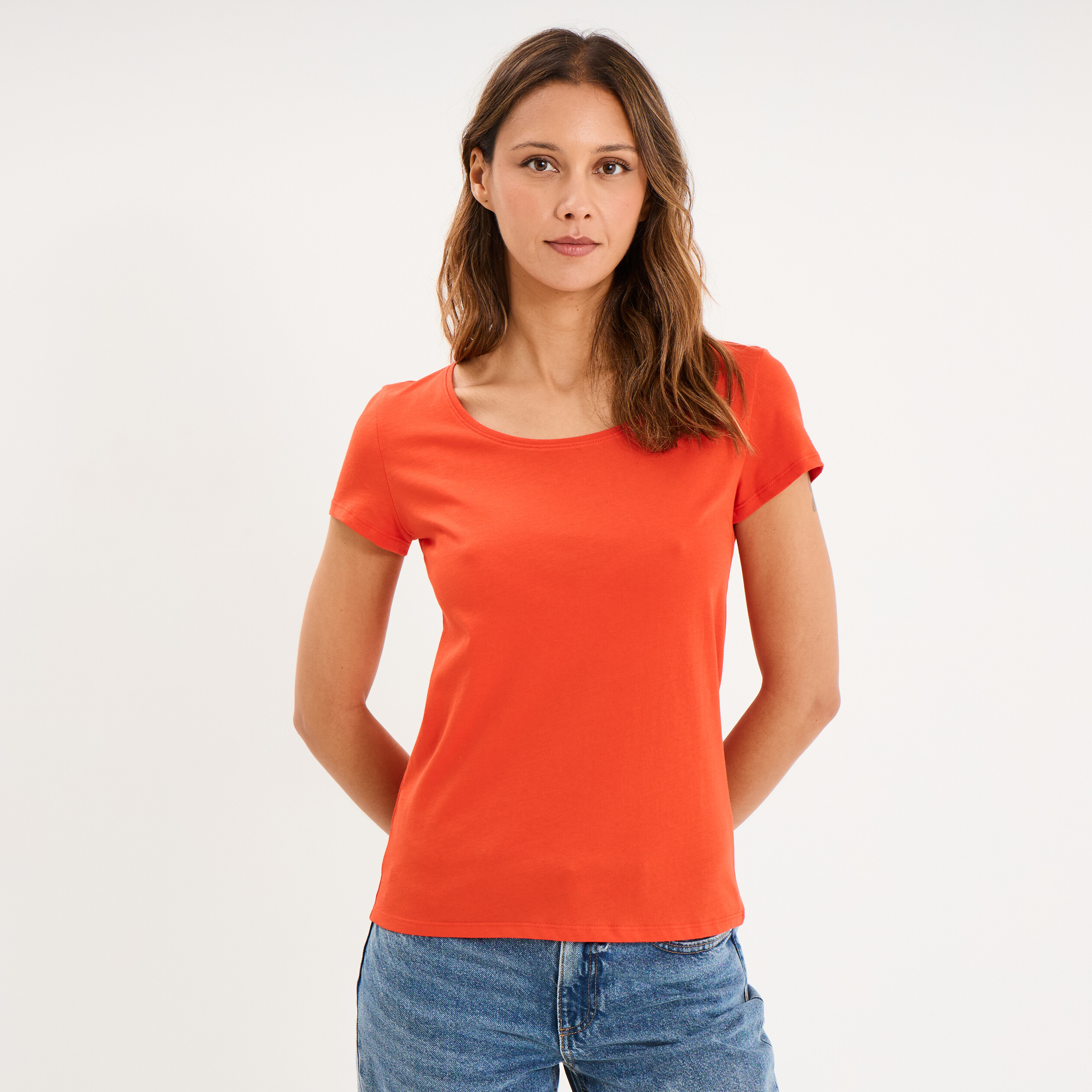 T-shirt coton col rond manches courtes orange femme