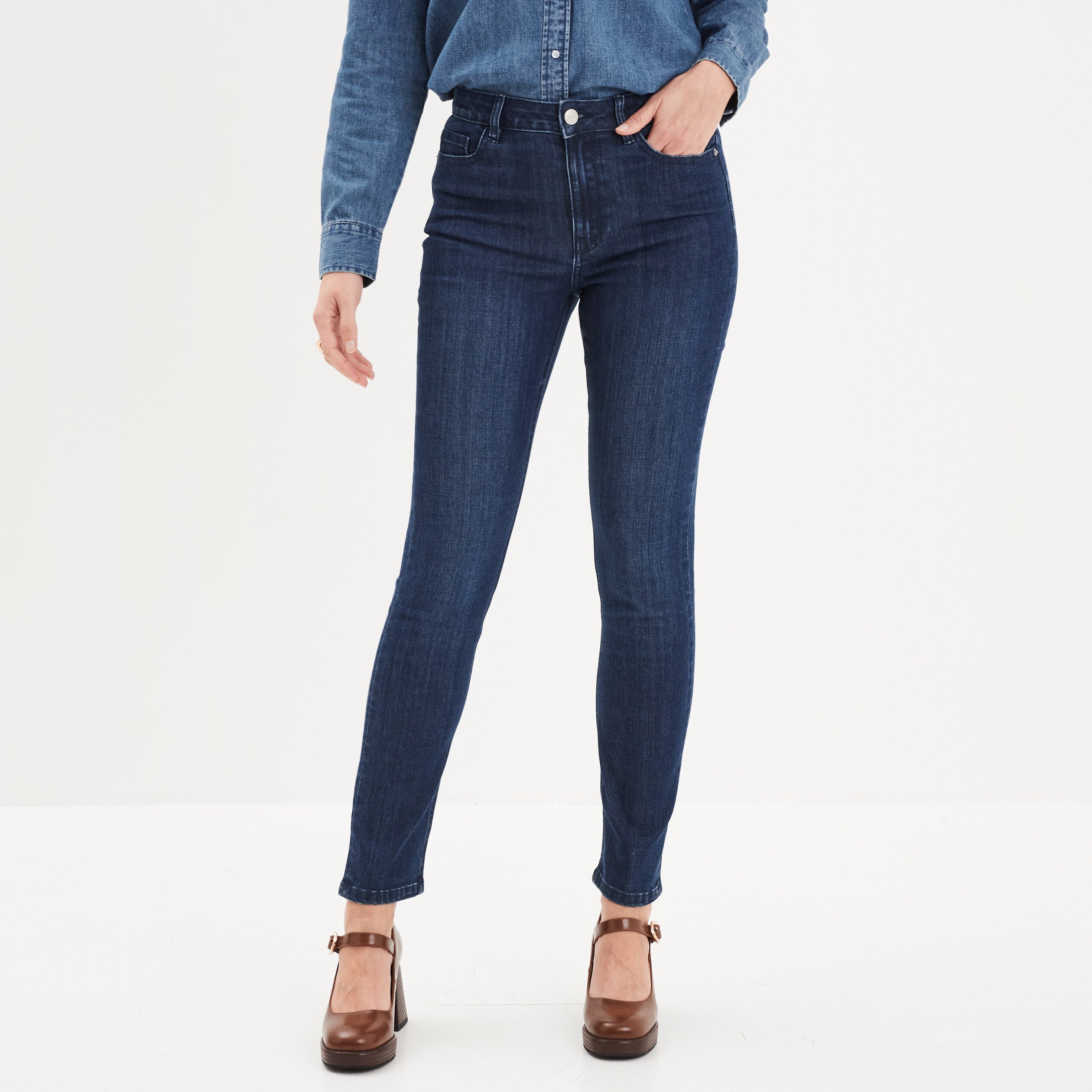 Jeans slim taille haute 5 poches bleu femme