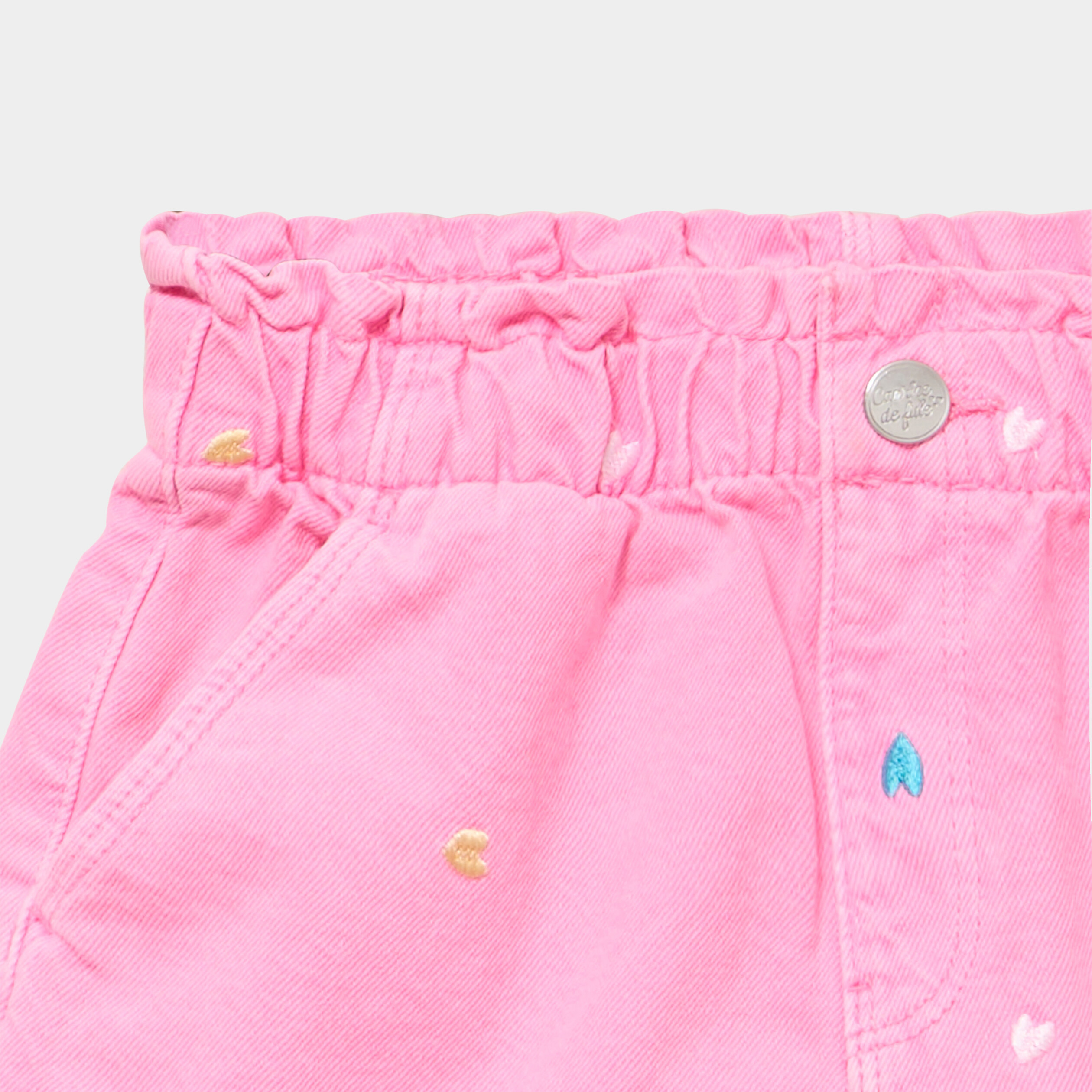 Short brod&eacute; droit &eacute;lastiqu&eacute; coton rose fluo fille