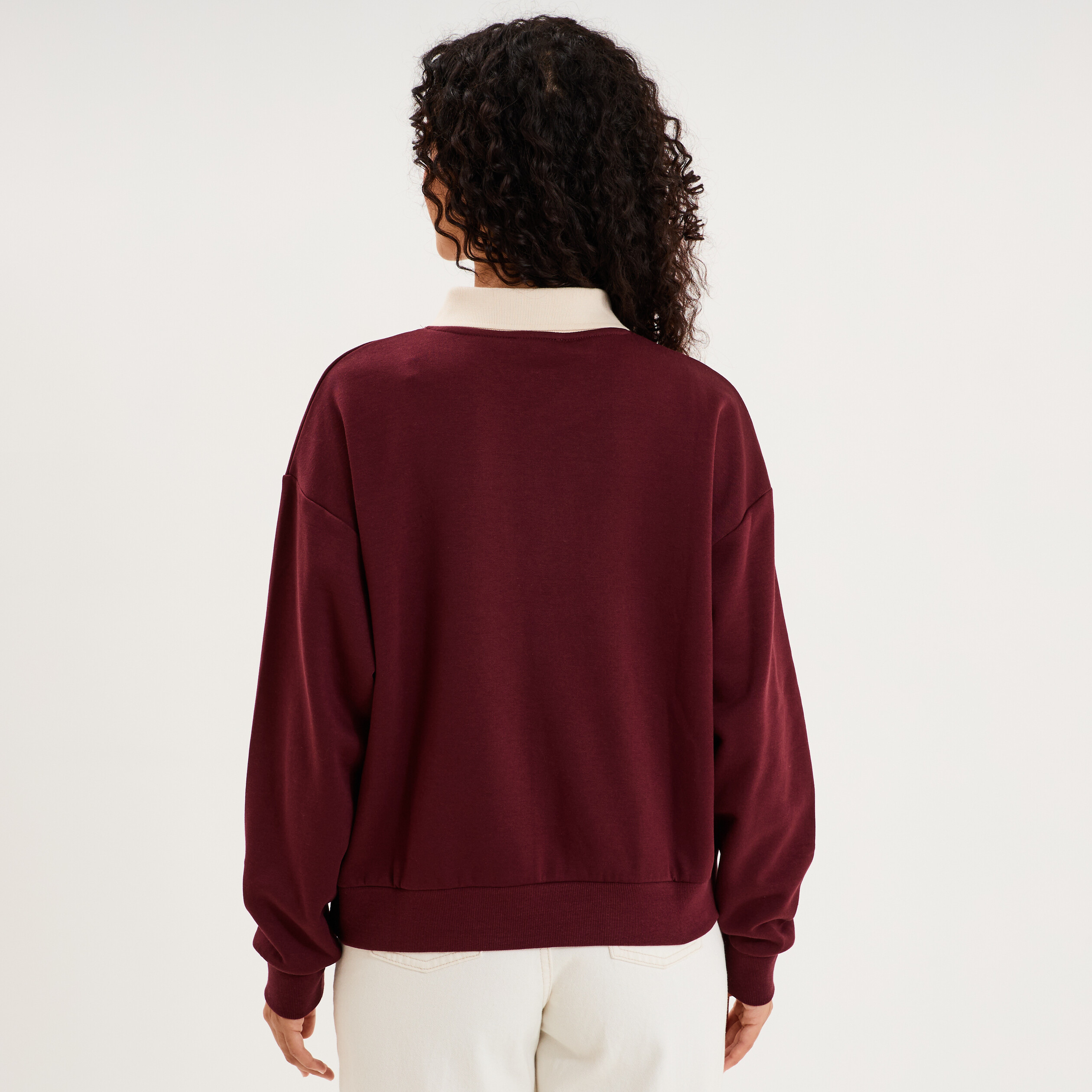 Sweat col chemise manches longues violet fonc&eacute; femme