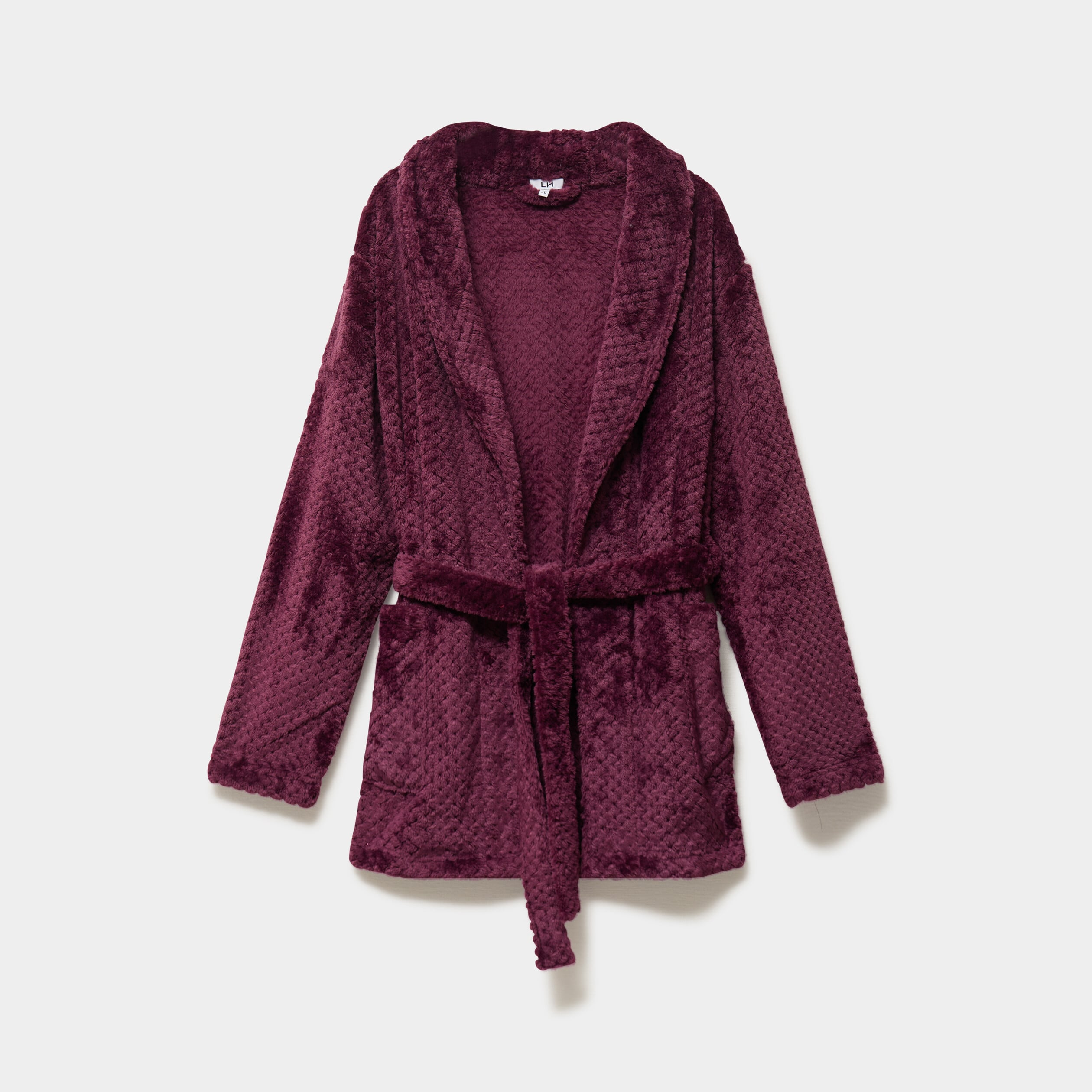 Peignoir mi-long effet polaire ceintur&eacute; prune femme