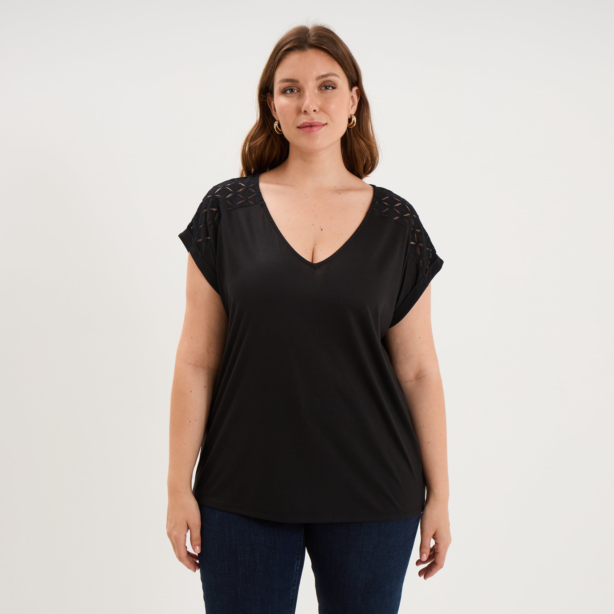 T-shirt droit avec dos dentelle oversize noir femme grande taille
