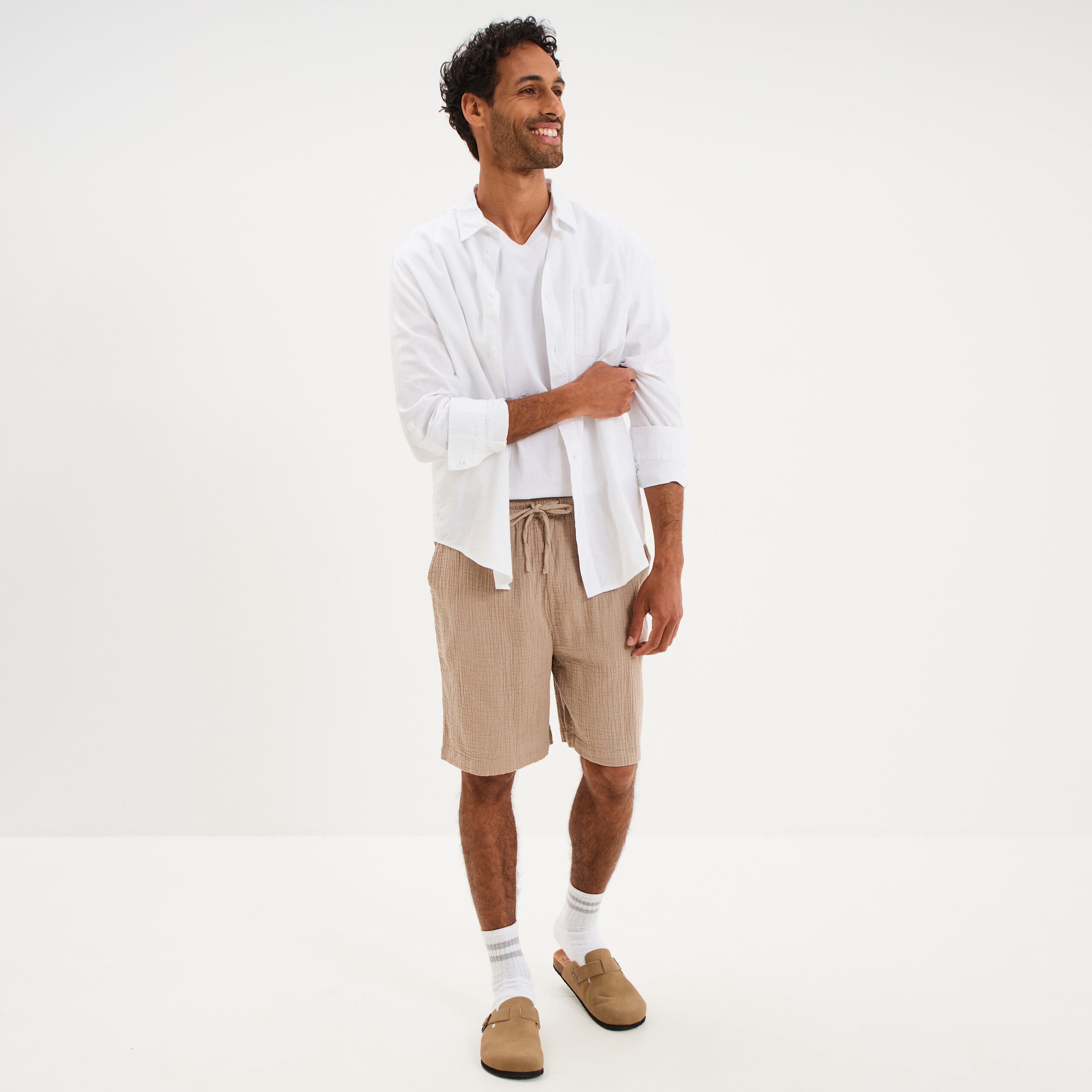 Short chino droit gaze de coton taupe homme