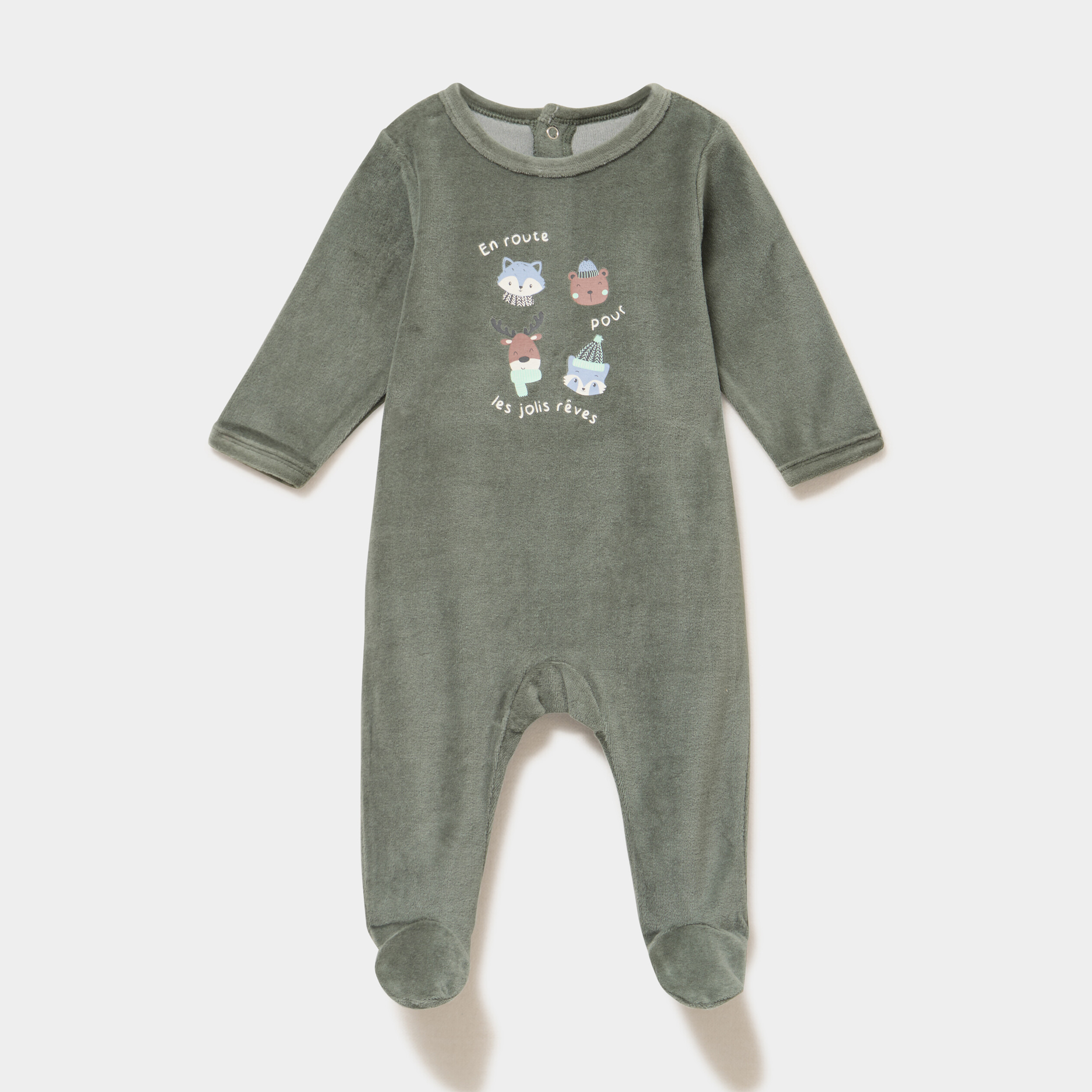 Dors-bien velours avec manches longues vert kaki b&eacute;b&eacute;