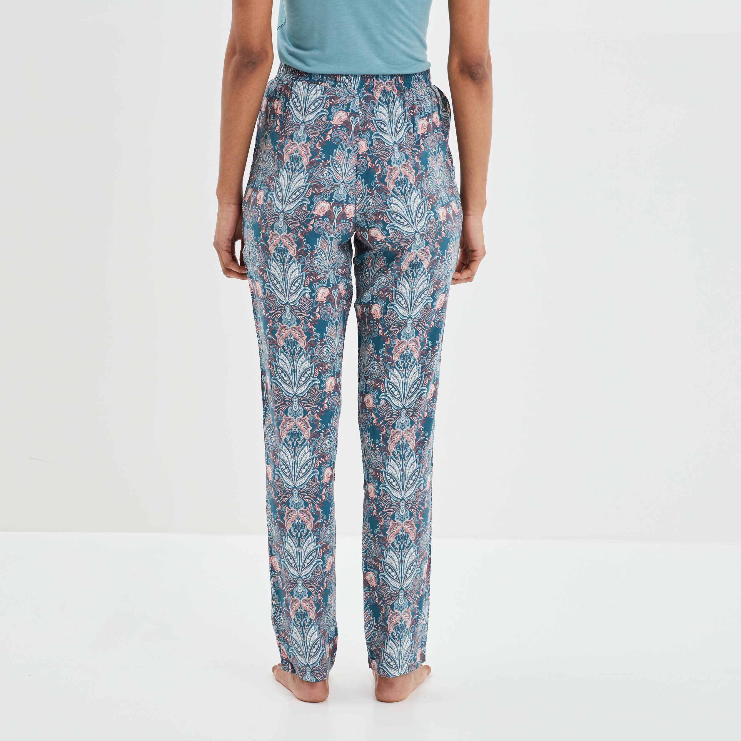 pantalon de pyjama fluide taille haute bleu femme Pantalon de pyjama fluide taille haute bleu femme