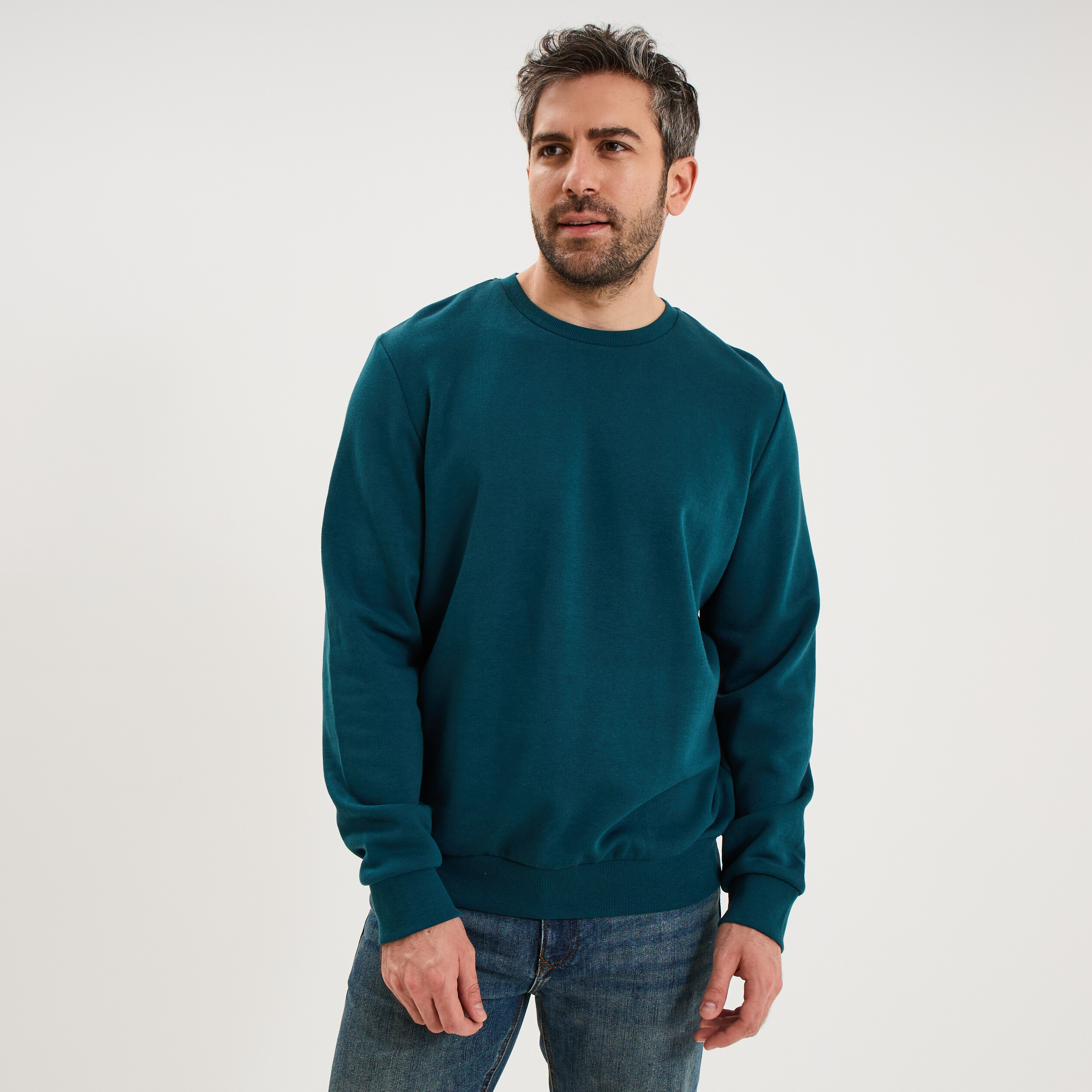 Sweat molleton col rond bleu canard homme