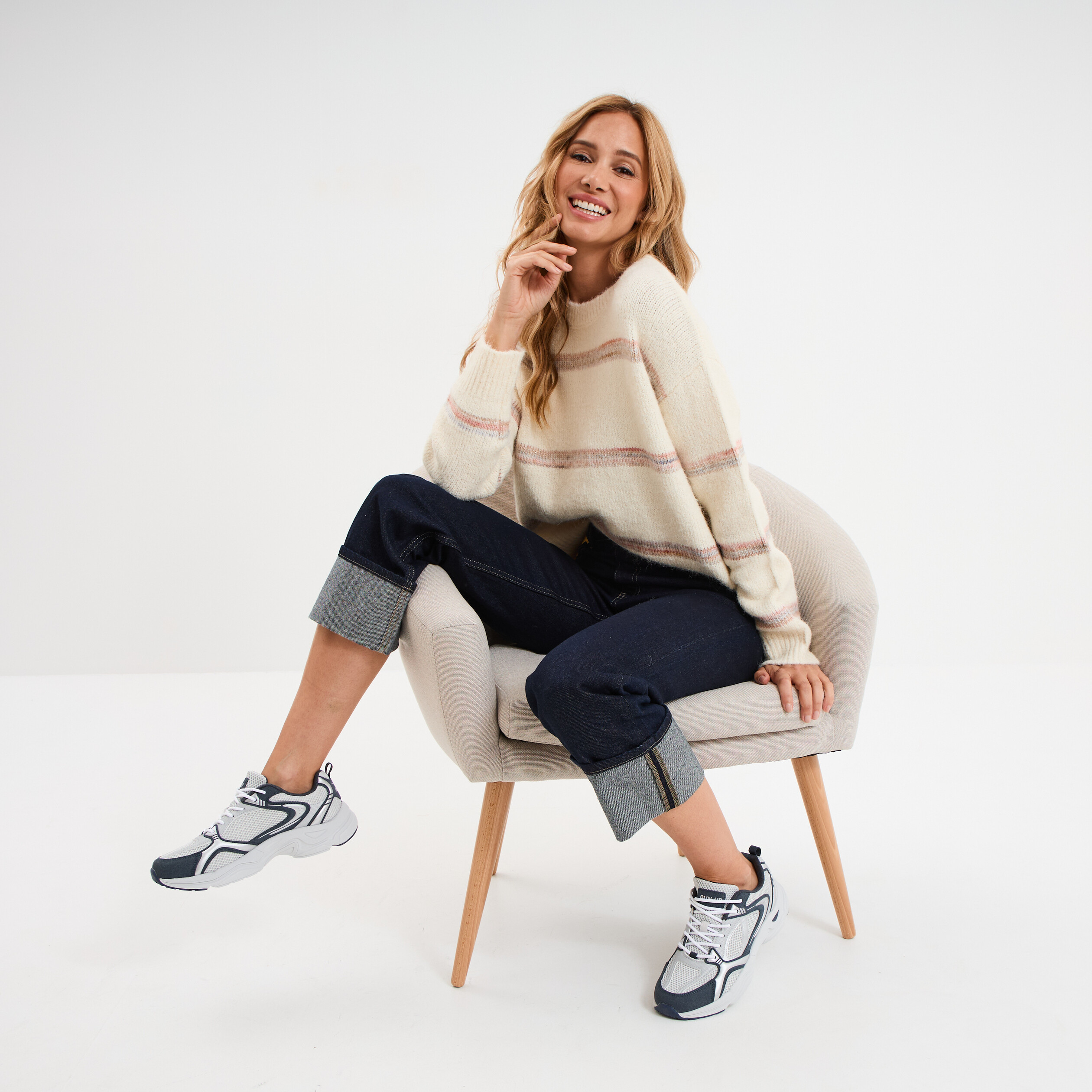 Pull col rond manches longues ecru femme
