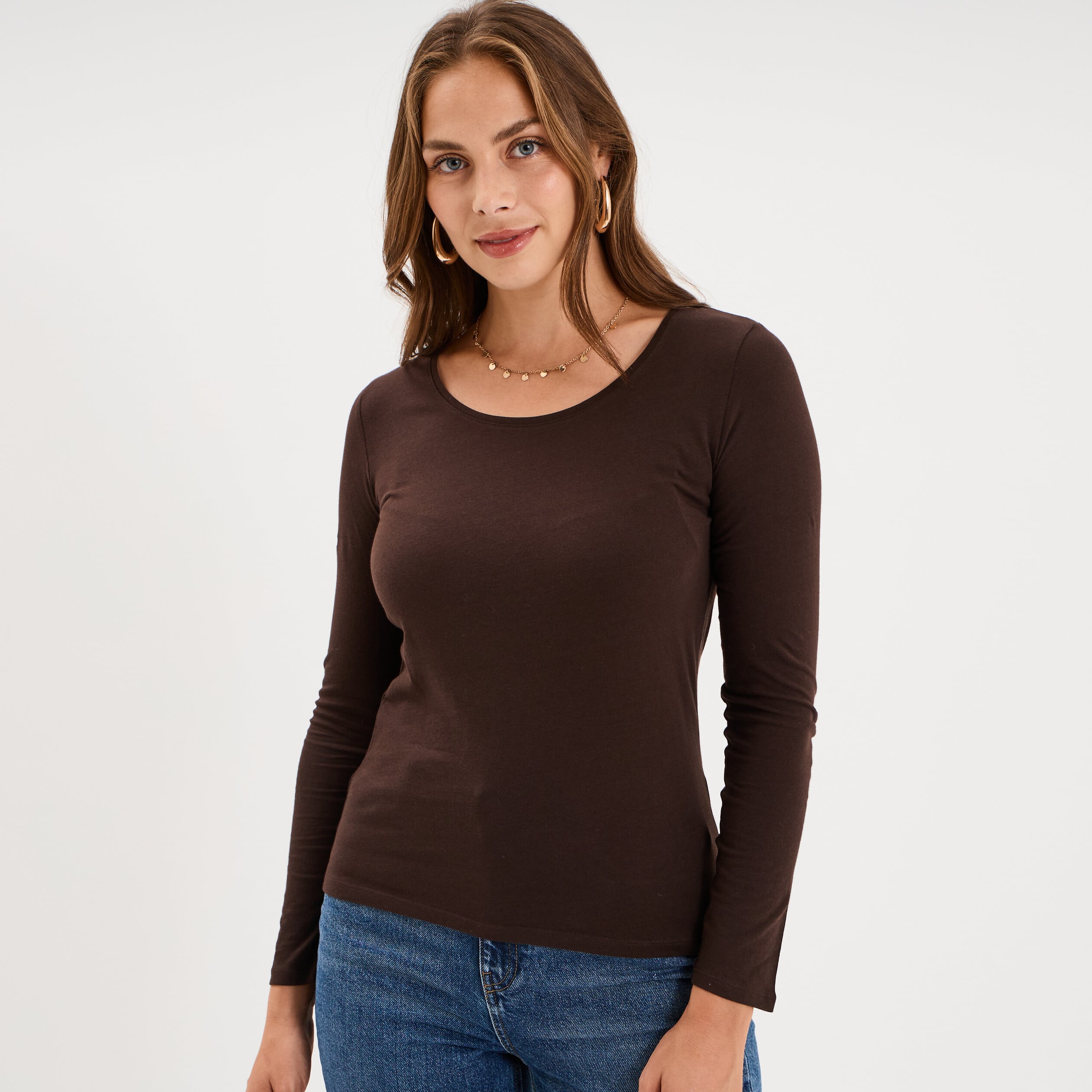 T-shirt coton col rond manches longues marron fonc&eacute; femme