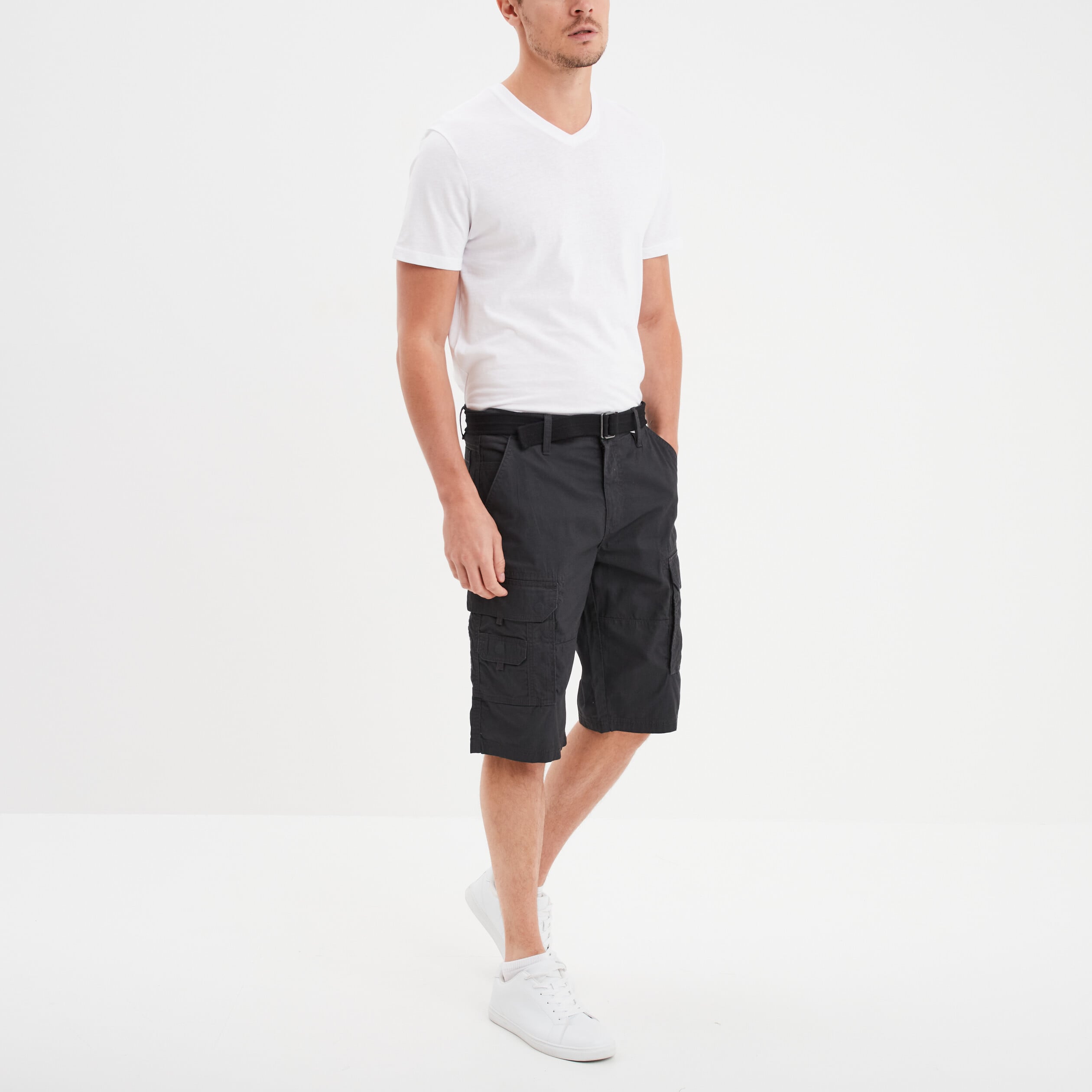 Bermuda cargo c&ocirc;tel&eacute; coton ceintur&eacute; gris fonc&eacute; homme