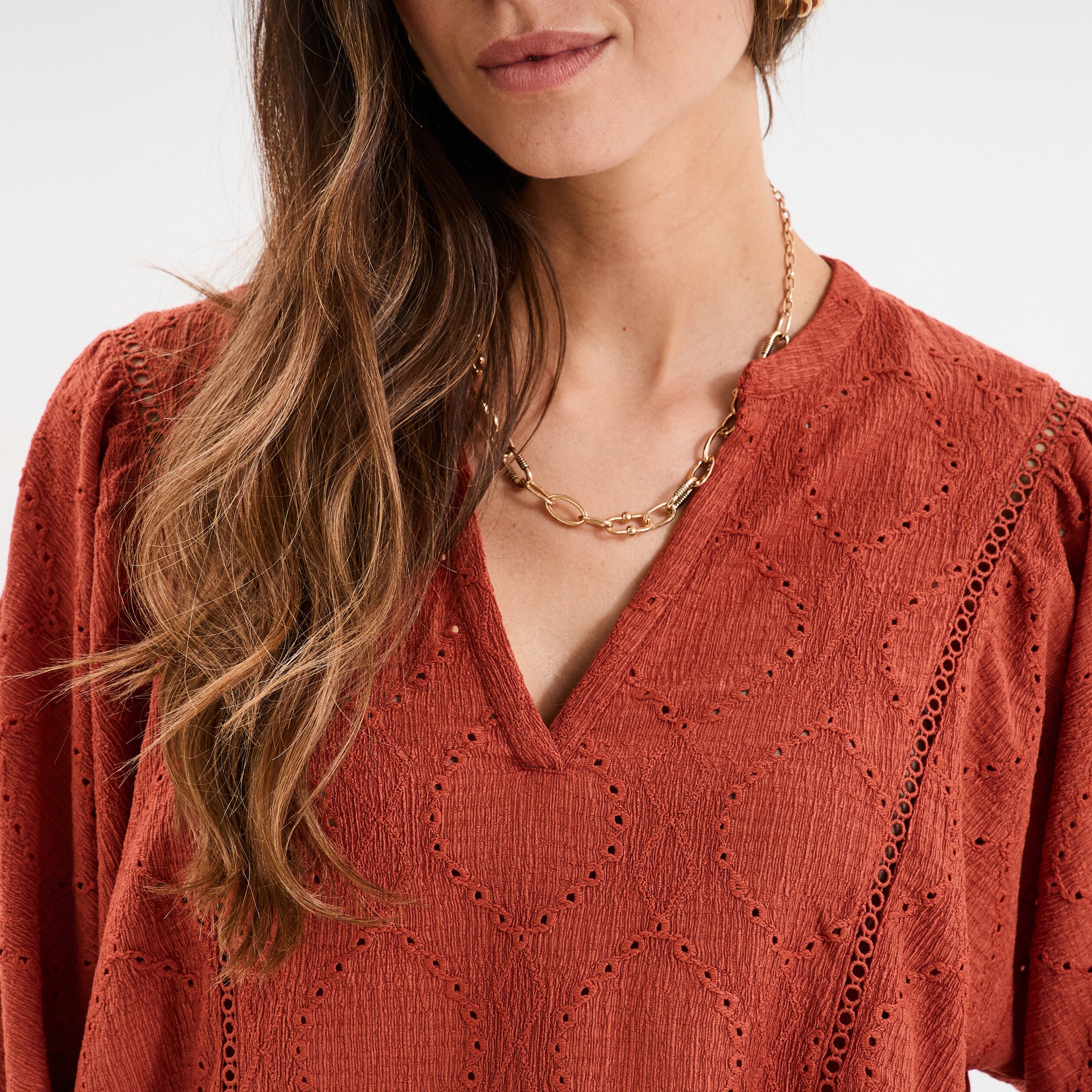 t shirt ajoure manches 34 col en v vieux rose femme T-shirt ajouré manches 3/4 col en V vieux rose femme