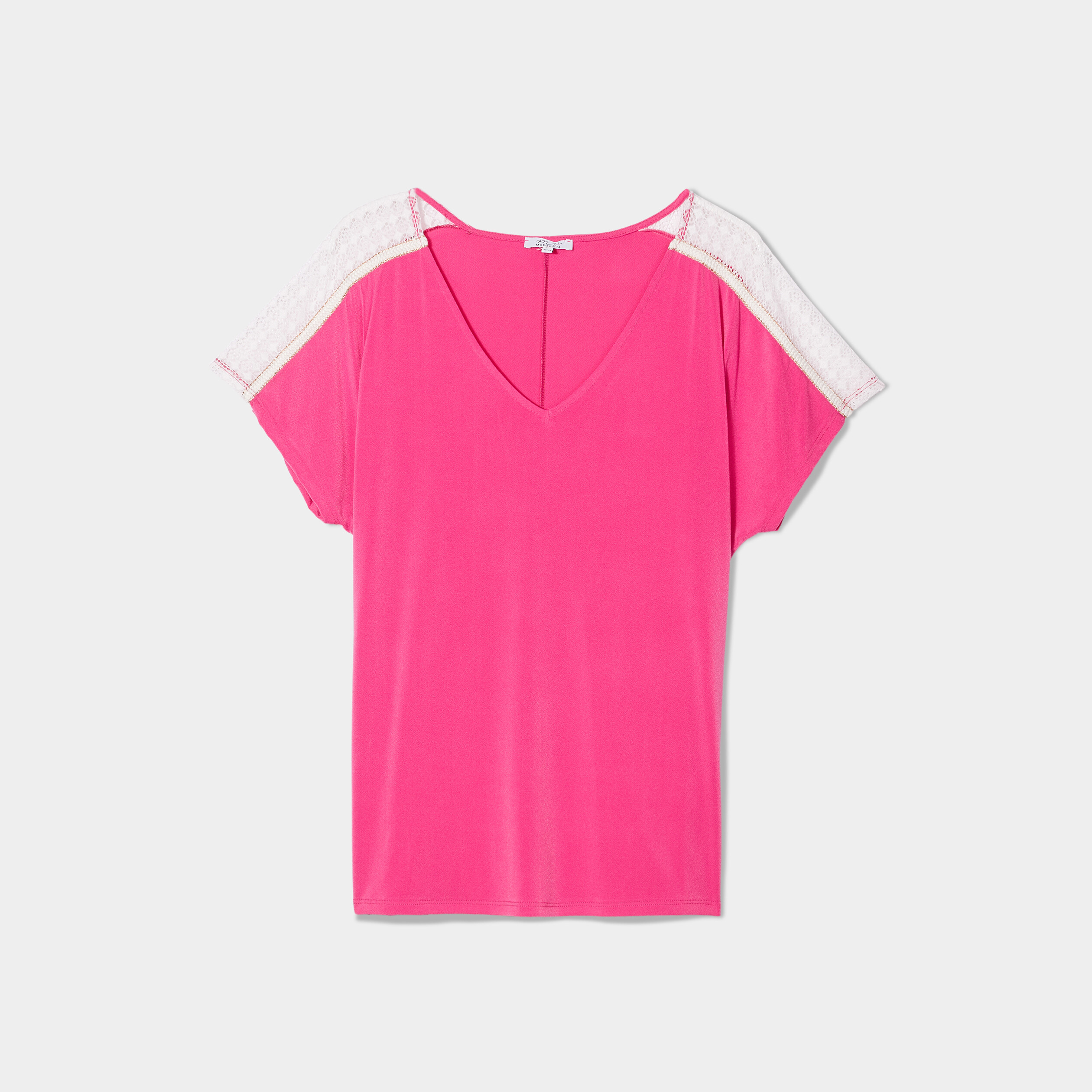t shirt avec manches dentelle col en v rose fushia femmegt T-shirt avec manches dentelle col en V rose fushia femme grande taille