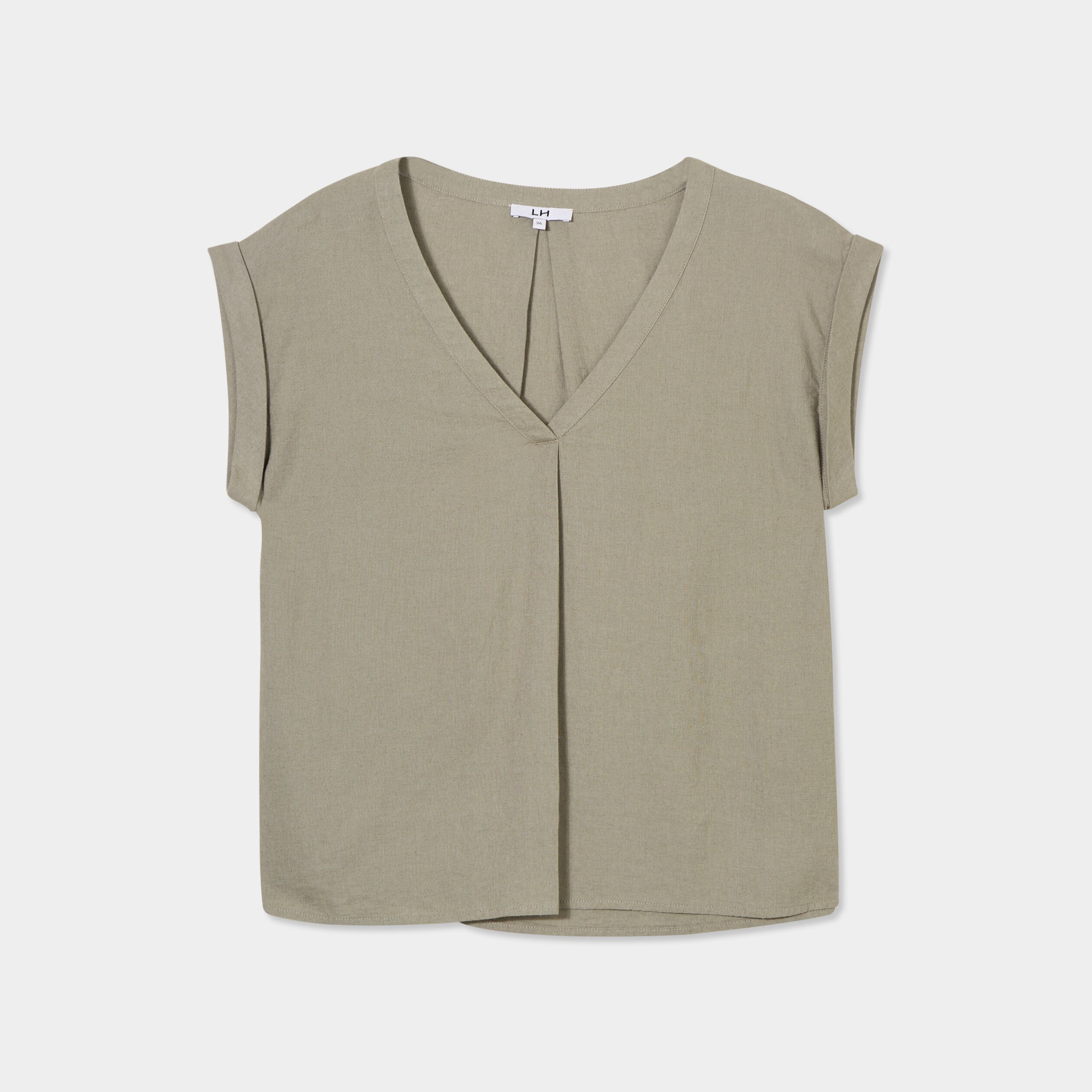 blouse col v manches courtes lin melange vert kaki femme Blouse col V manches courtes lin mélangé vert kaki femme