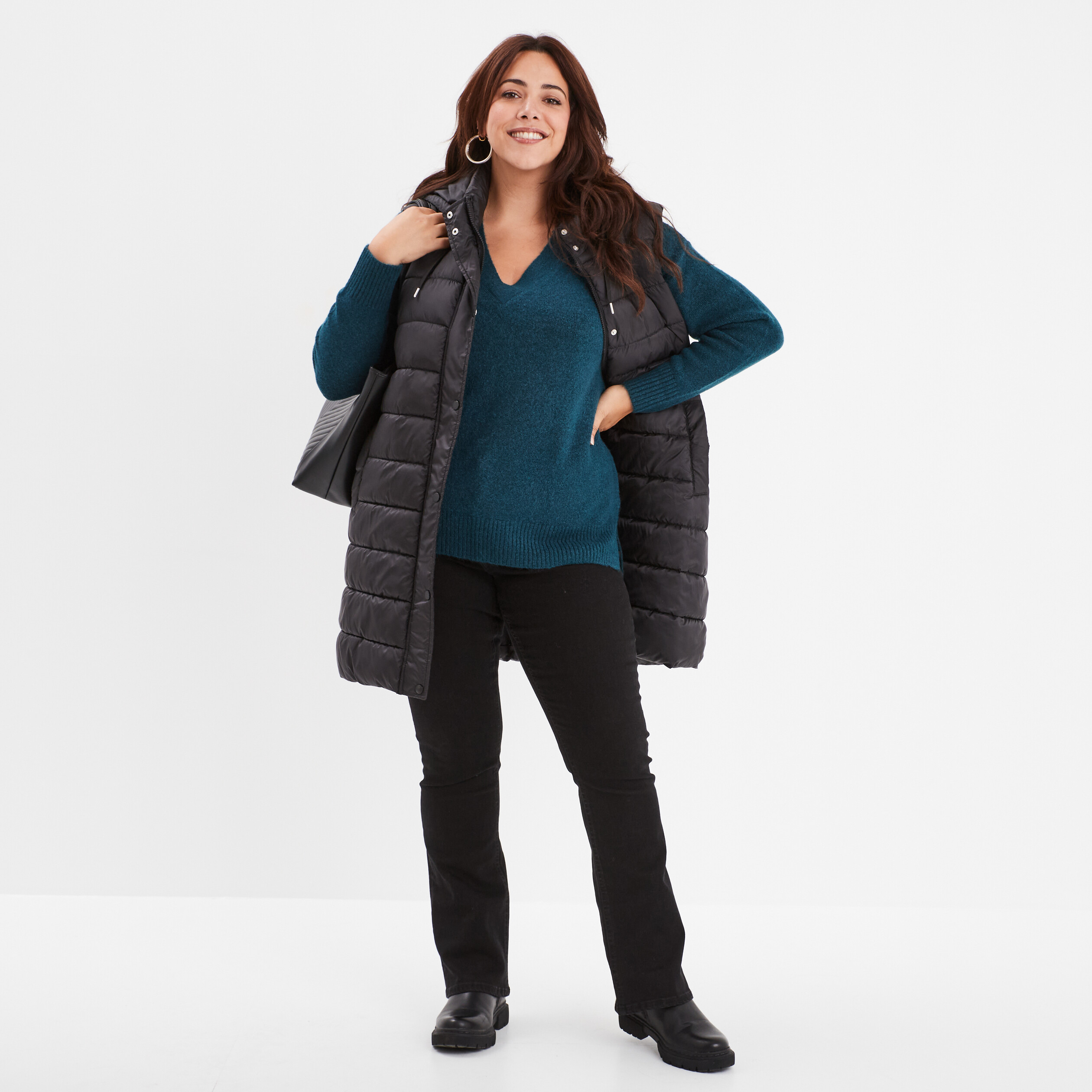pull col en v manches longues bleu canard femmegt Pull col en V manches longues bleu canard femme grande taille