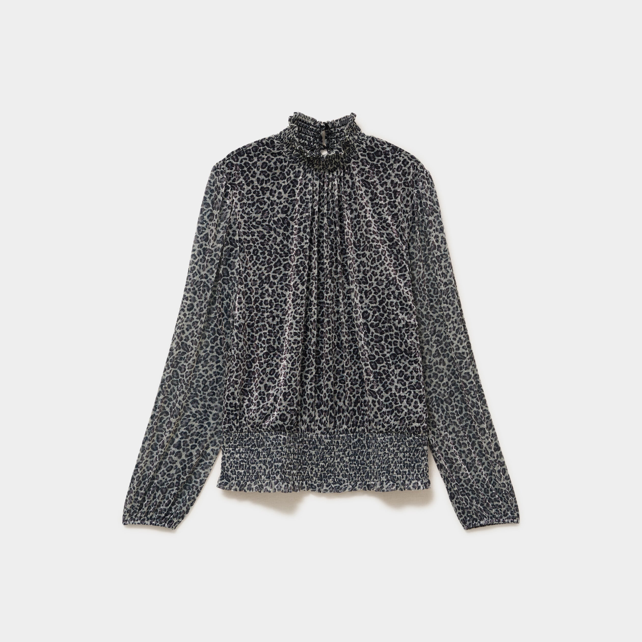Blouse smock&eacute;e col montant gris argent femme