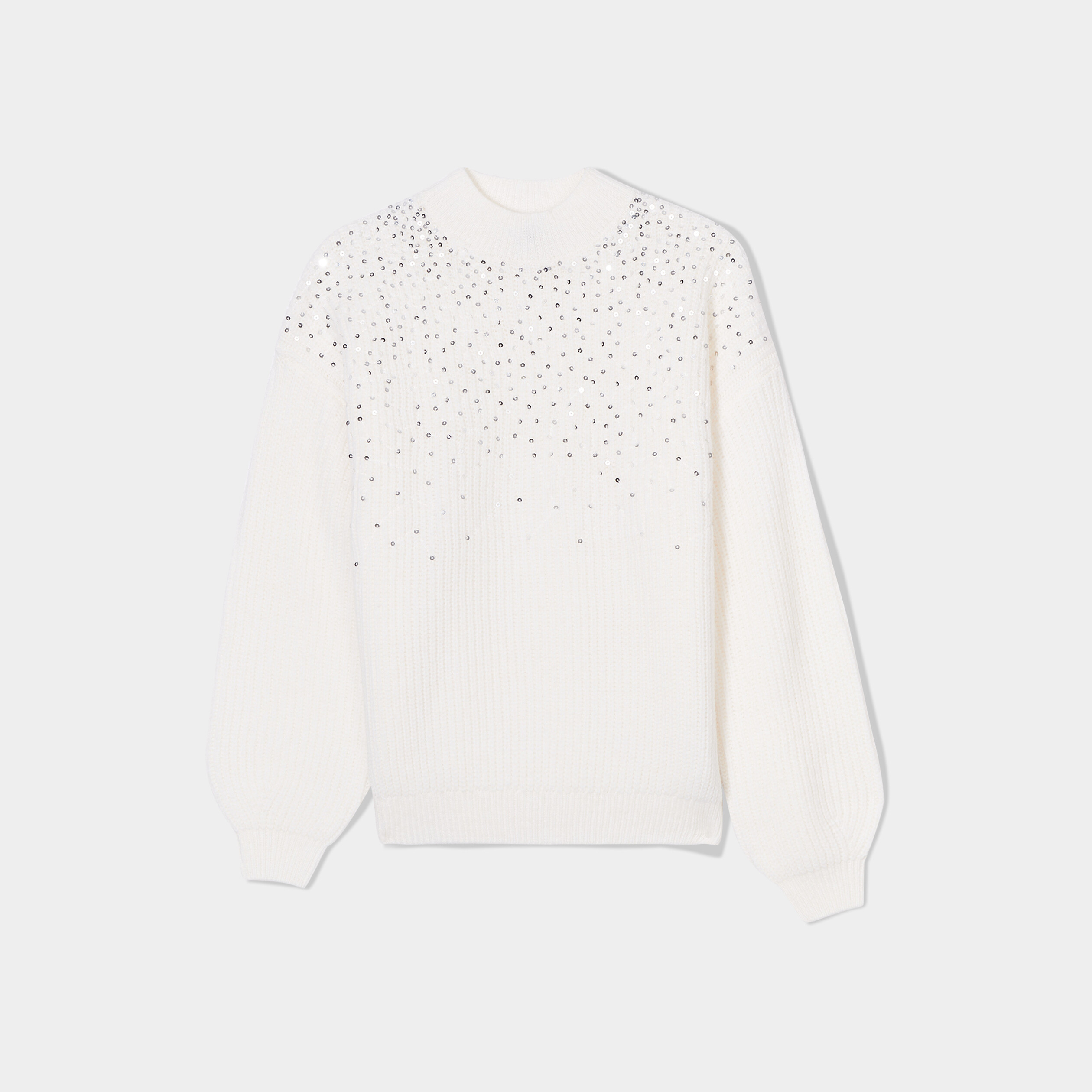 pull cotele a sequins et col montant blanc femme Pull côtelé à sequins et col montant blanc femme