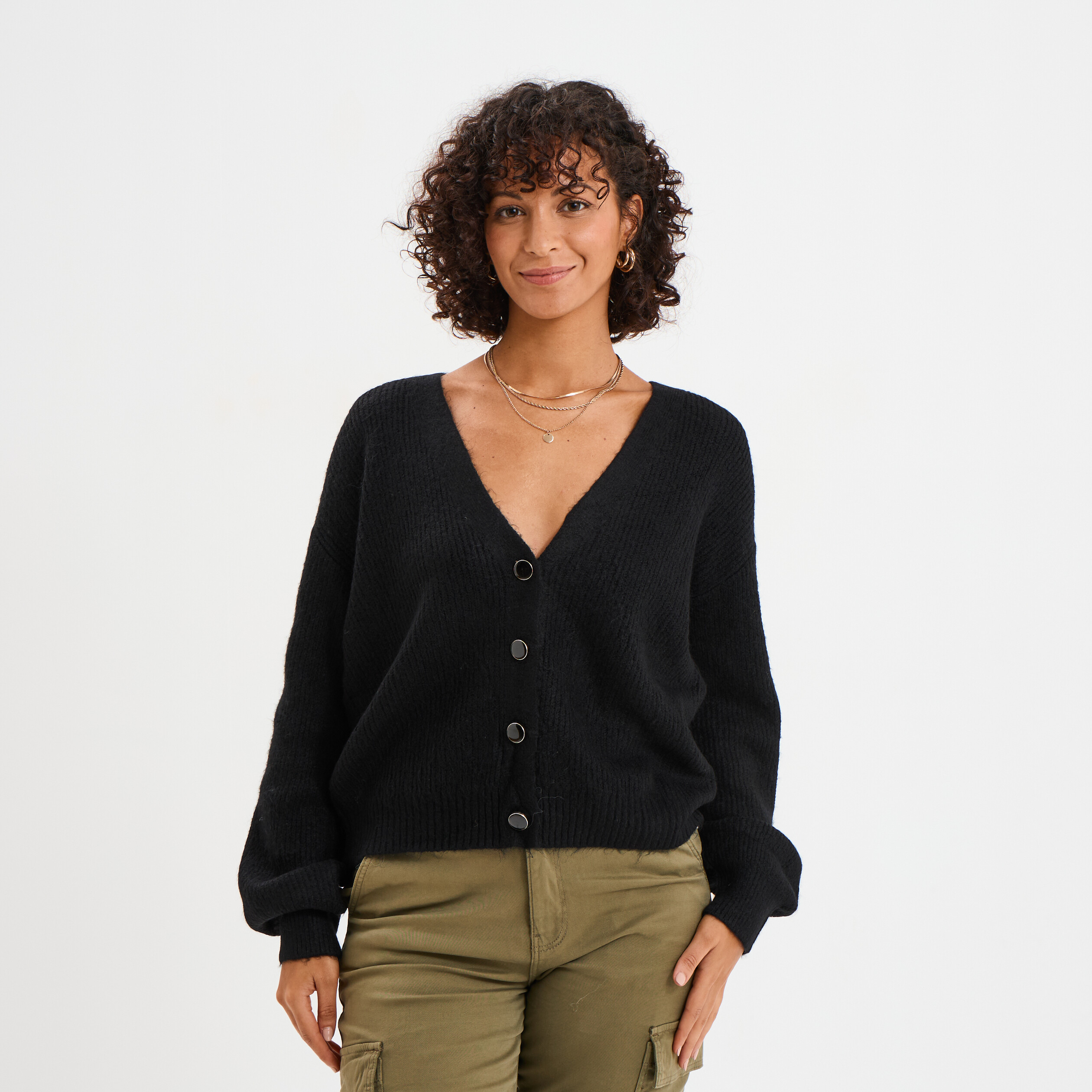 Gilet Pull Noir Grande Taille Femme Gilet Boutonné Col En V Noir