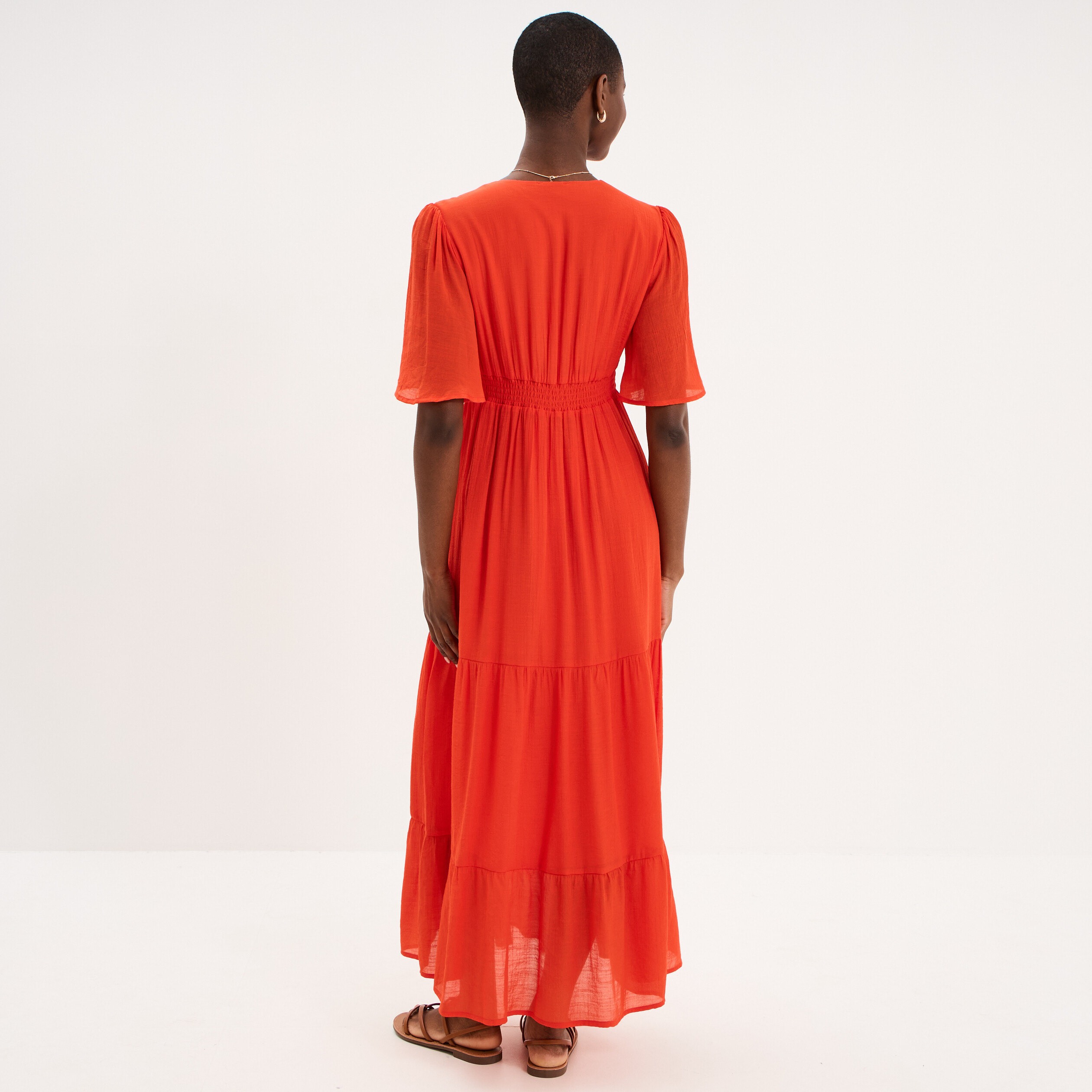 Robe longue fluide &agrave; volants orange fonc&eacute; femme