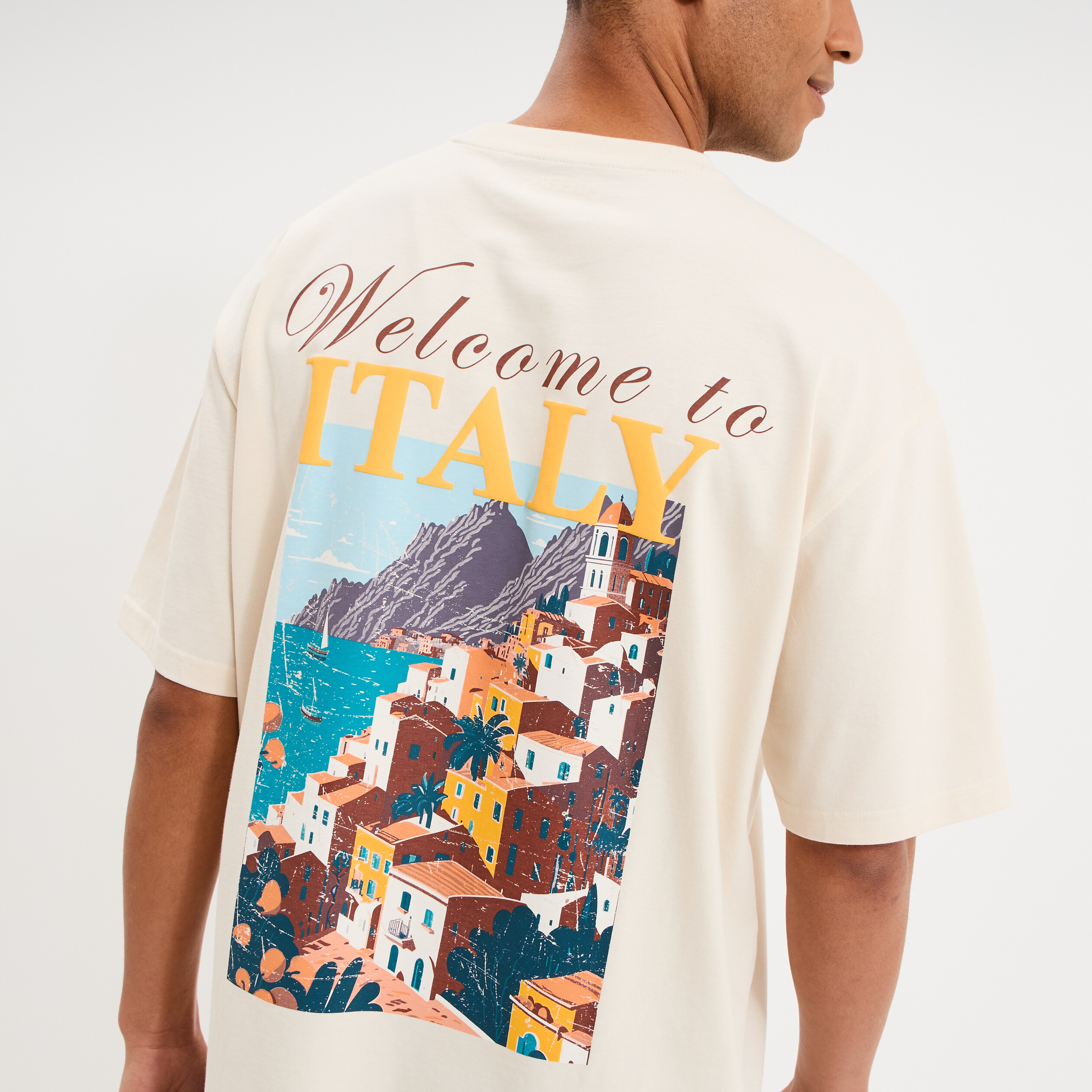 T-shirt col rond relax coton &eacute;pais ecru homme