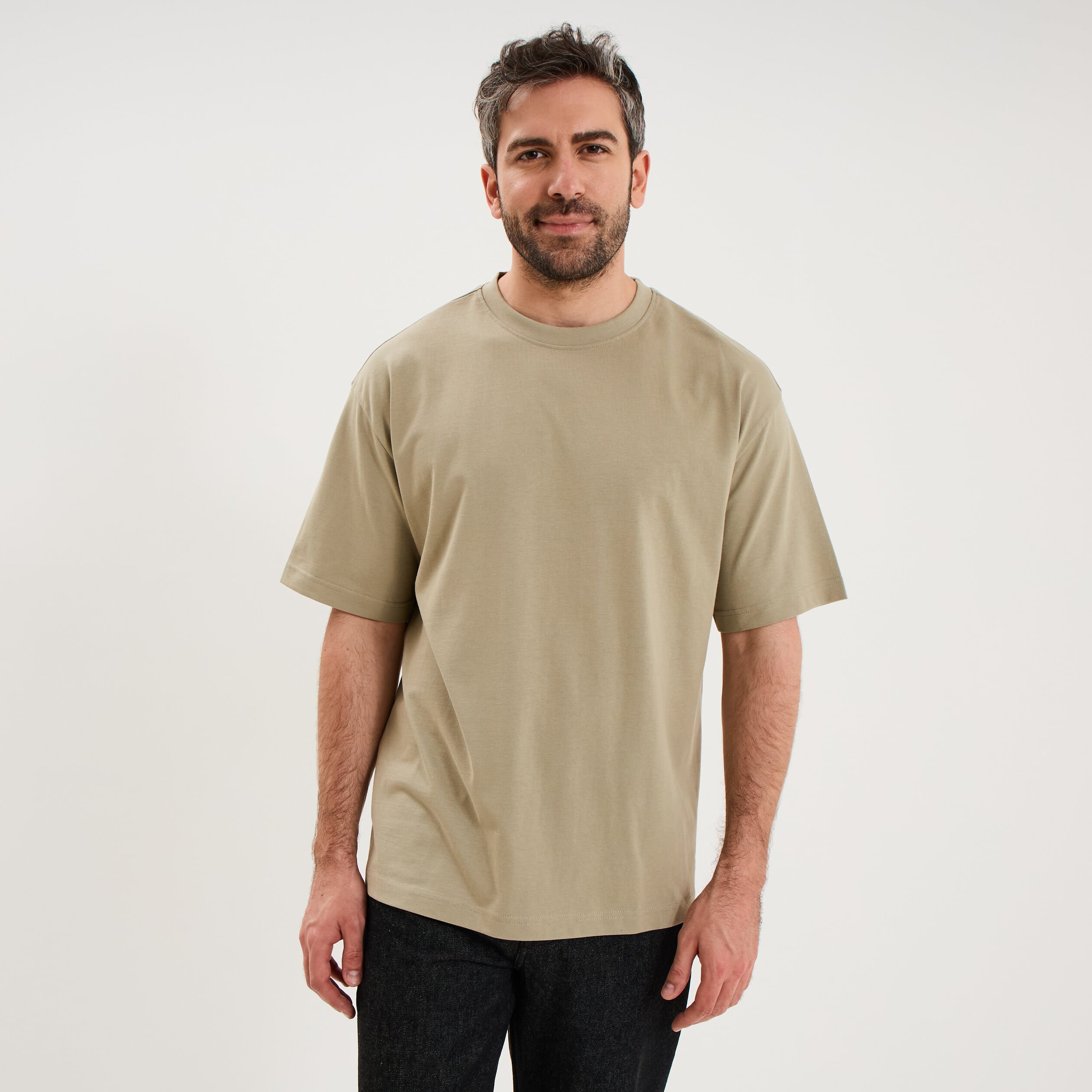 T-shirt col rond coupe relax coton &eacute;pais vert kaki homme