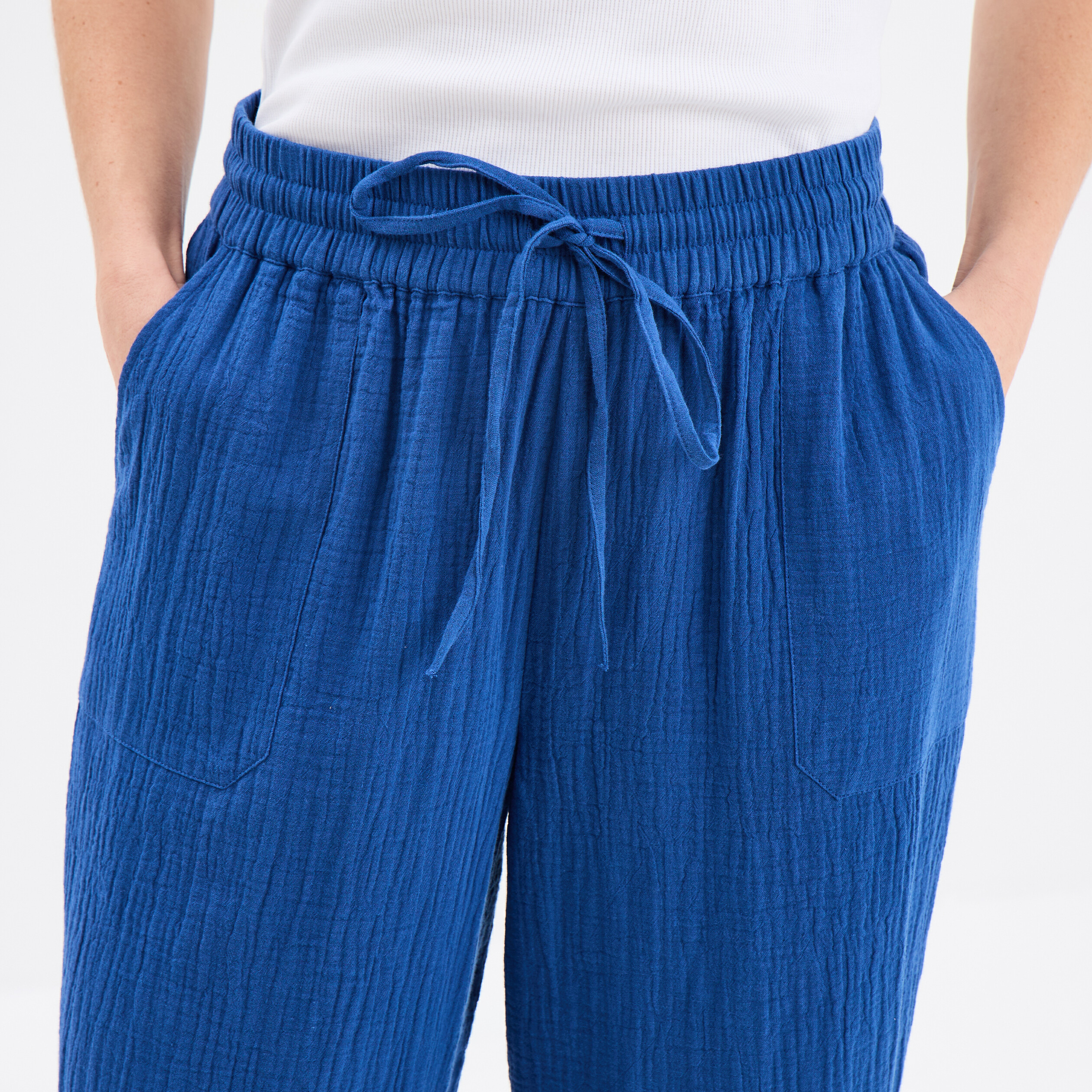 Pantalon fluide &eacute;lastiqu&eacute; gaze de coton bleu marine femme
