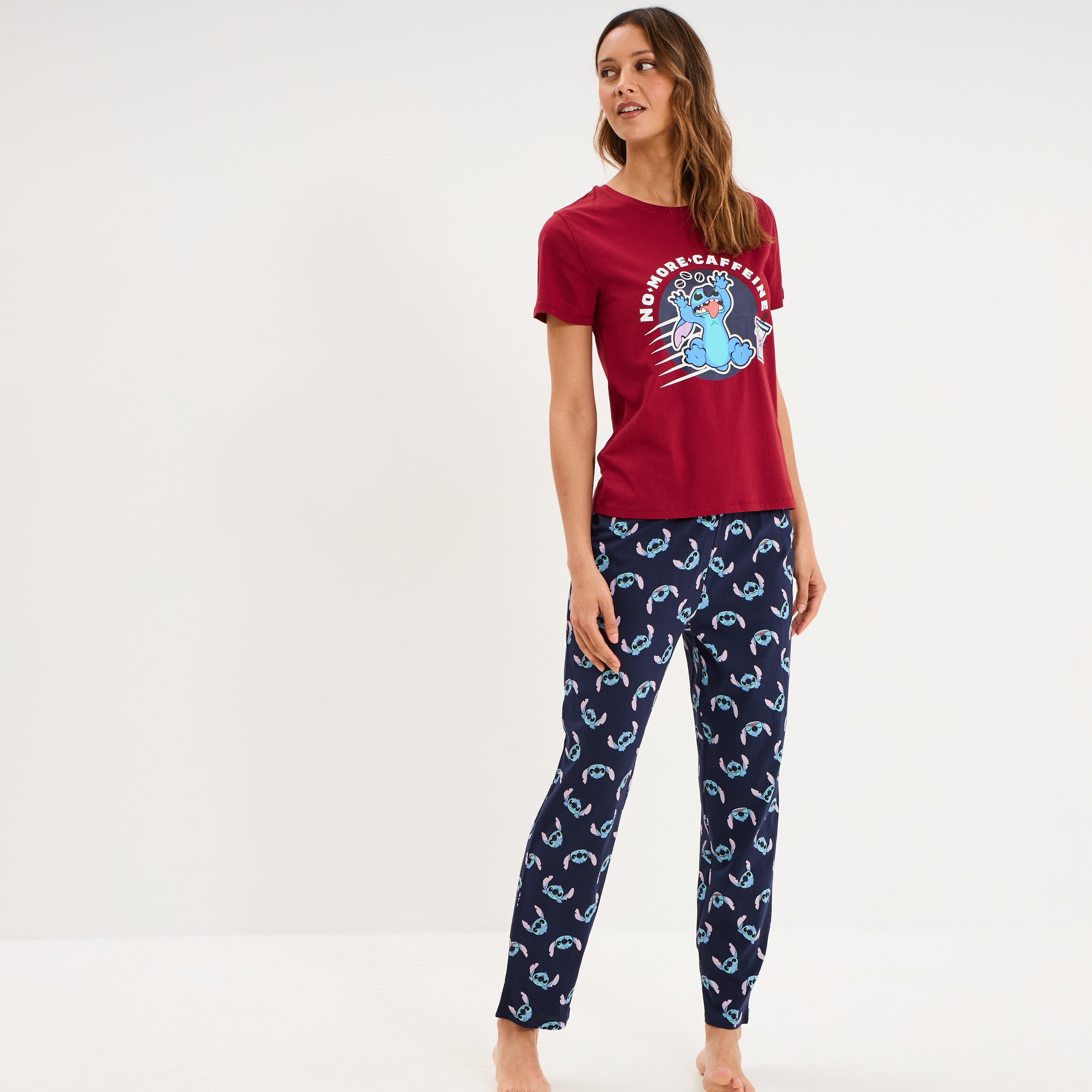 Ensemble pyjama pantalon t-shirt Stitch bordeaux femme