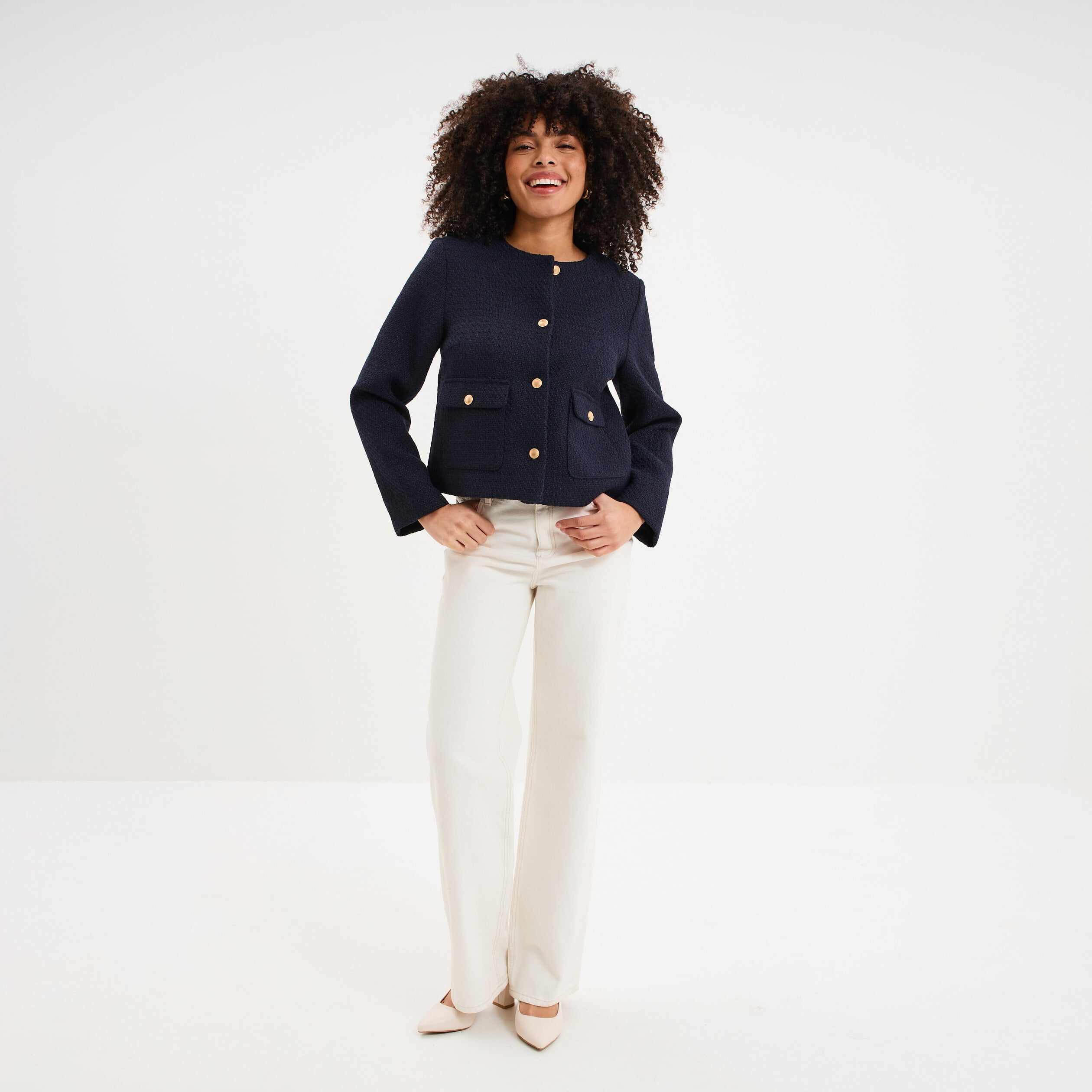 Veste effet tweed boutonn&eacute;e bleu fonc&eacute; femme