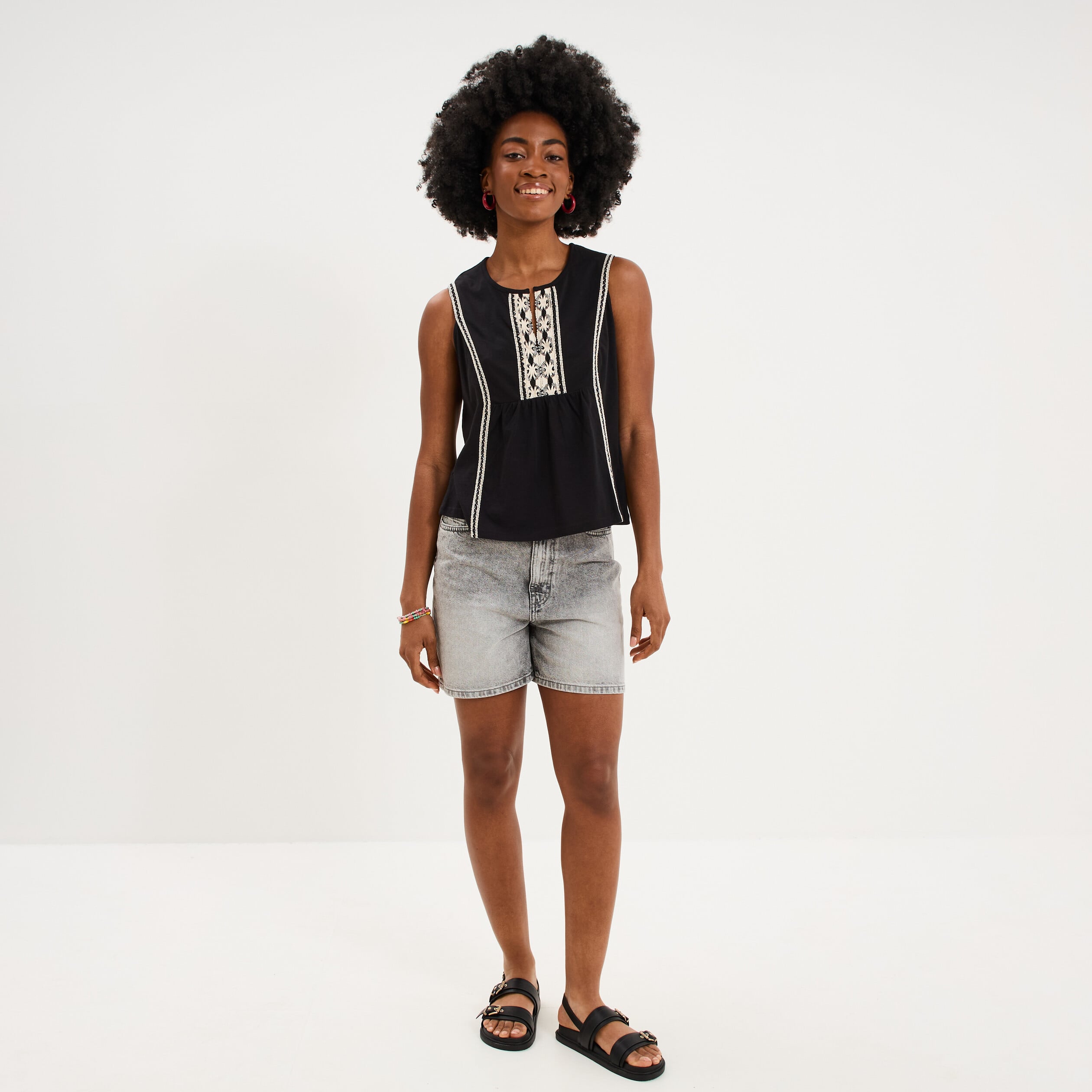 Blouse sans manches col tunisien coton noir femme
