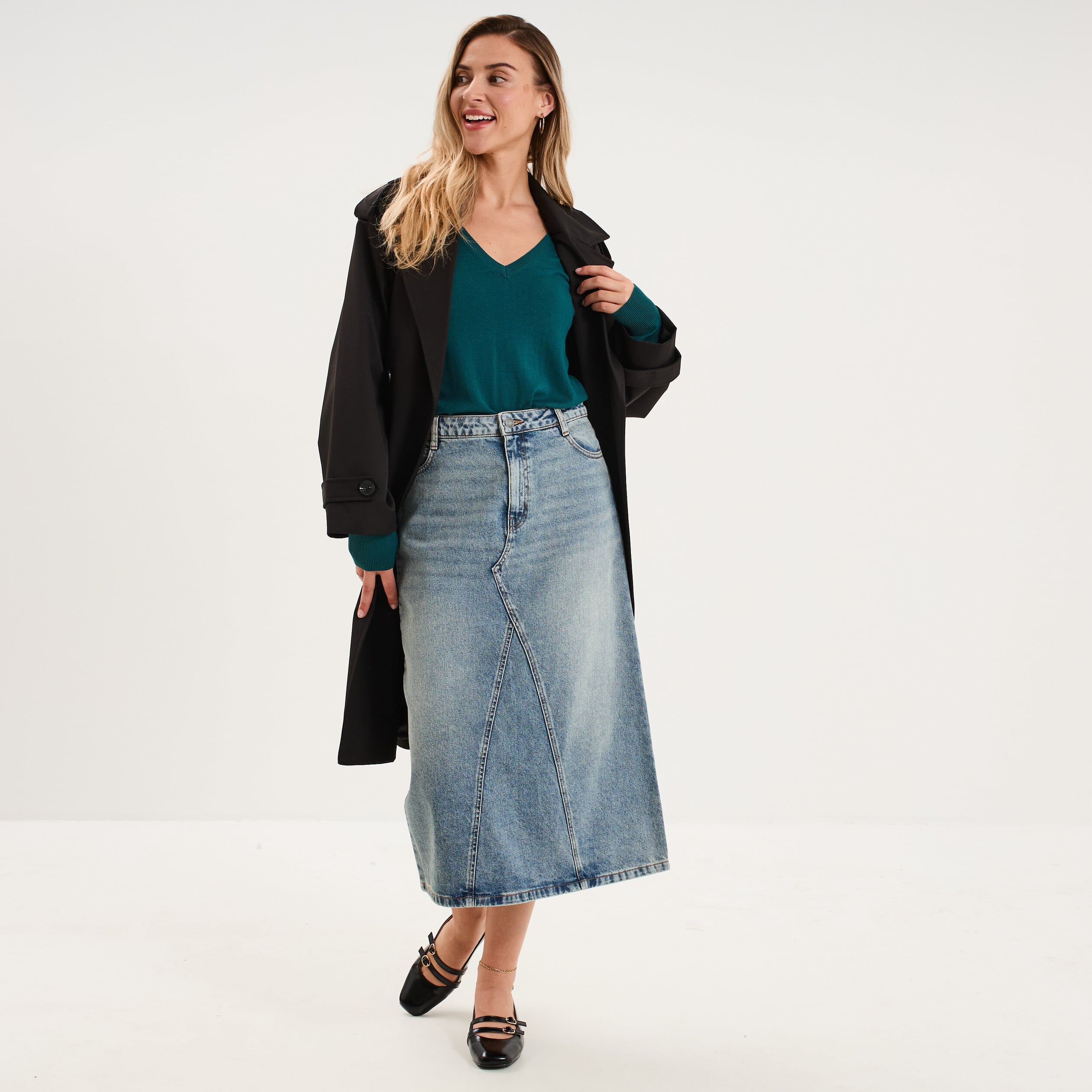 Pull col en V manches longues vert fonc&eacute; femme