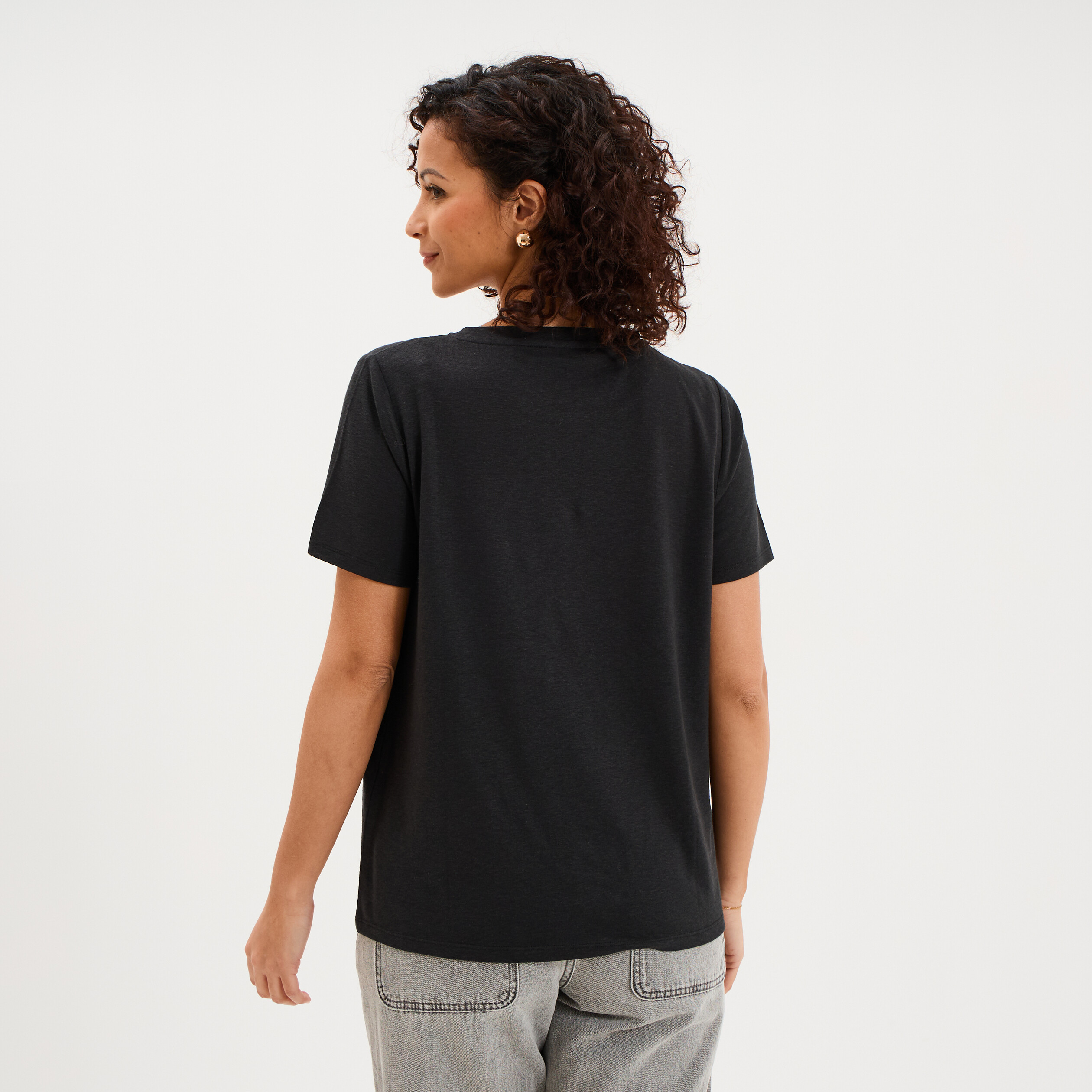 T-shirt manches courtes m&eacute;lange lin noir femme