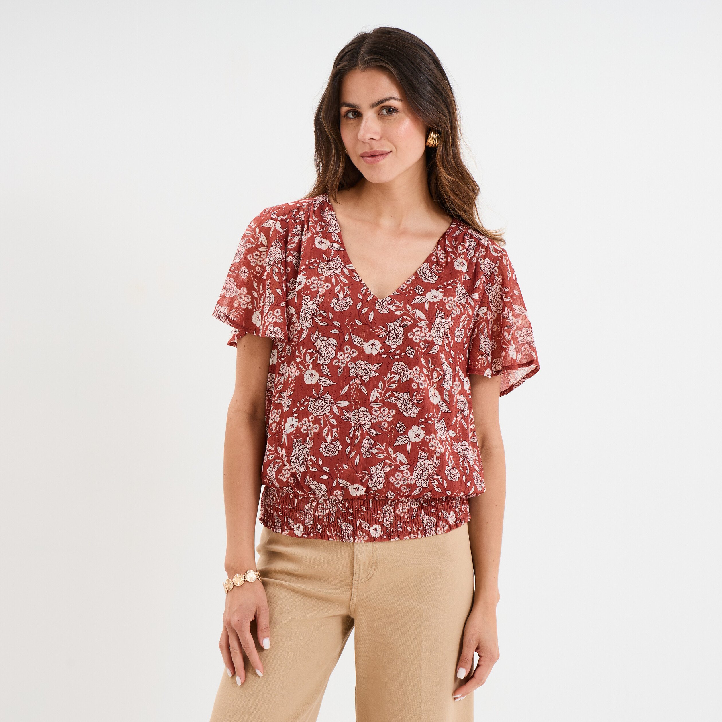 blouse col en v taille elastiquee terracotta femme Blouse col en V taille élastiquée terracotta femme