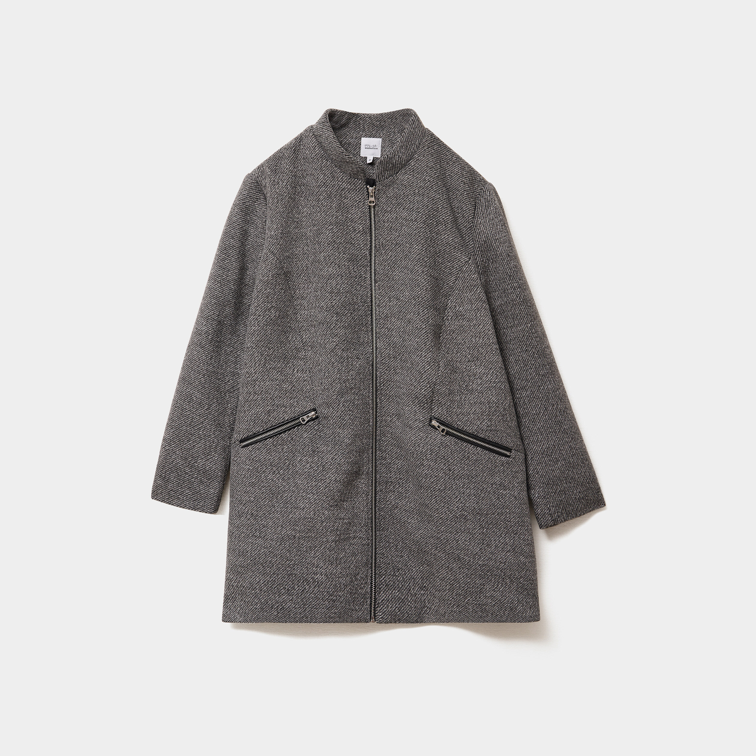 Manteau mi-long droit zippé col mao gris foncé femme grande taille