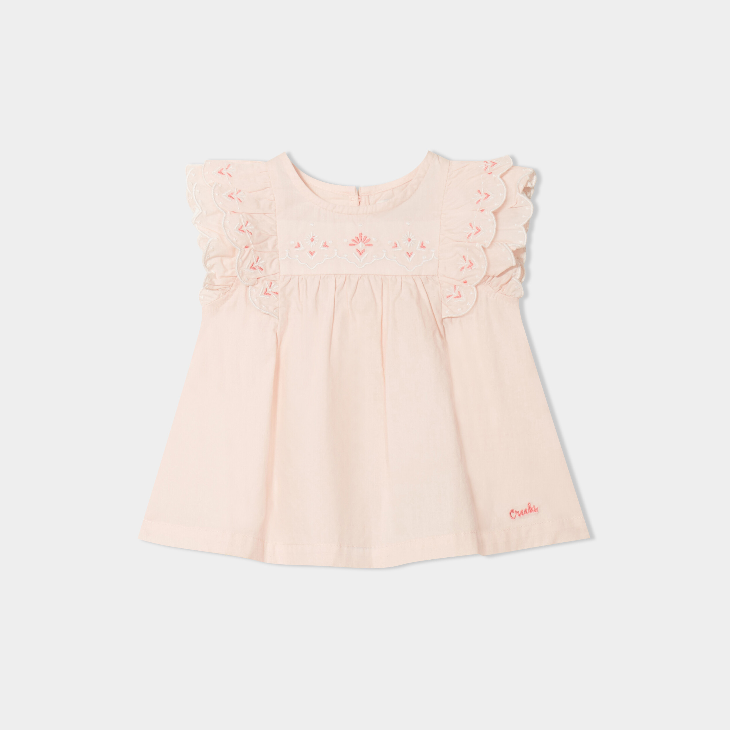 blouse coton manches volants broderie rose clair bebef Blouse coton manches volants broderie rose clair bébé fille