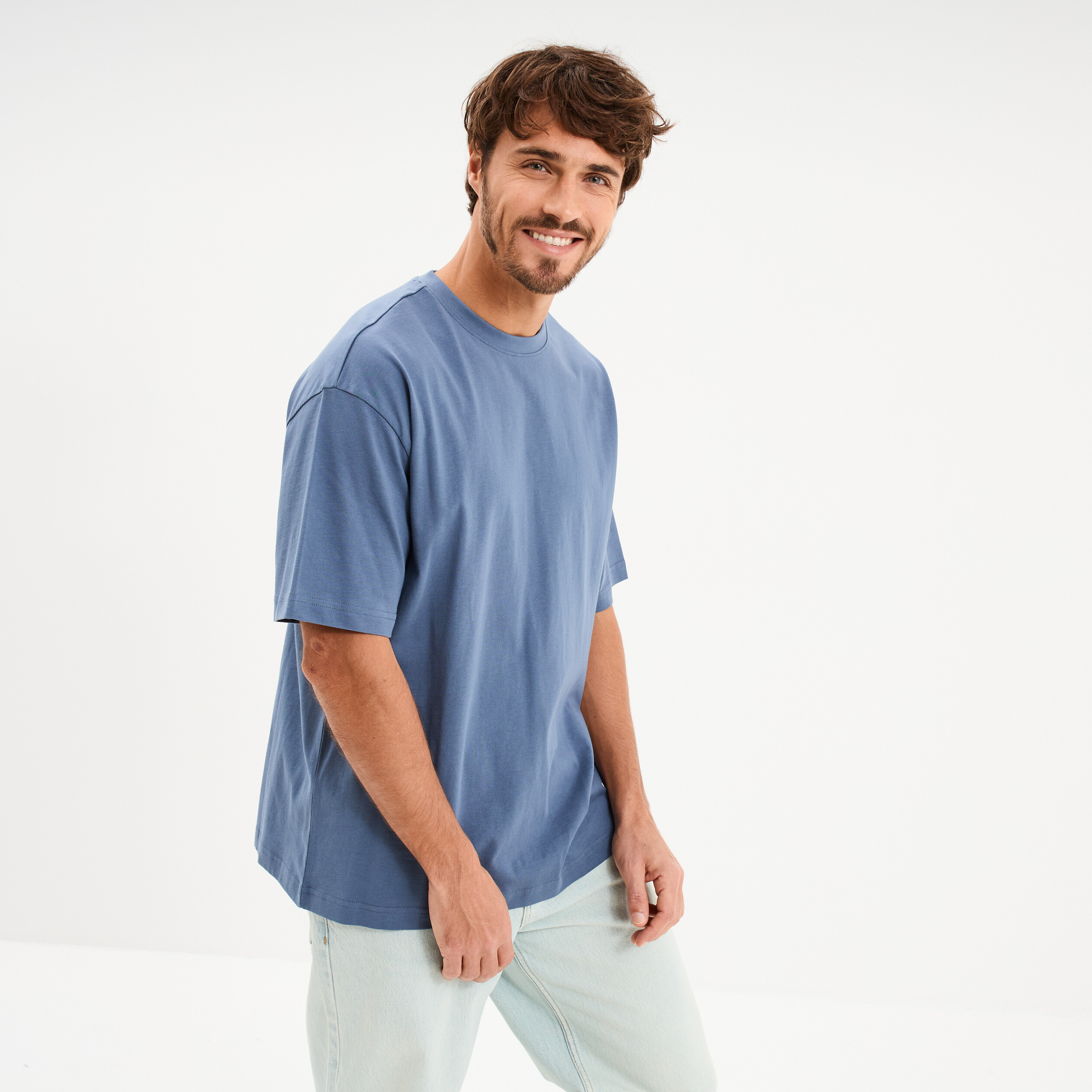 T-shirt col rond coupe relax coton &eacute;pais bleu gris homme