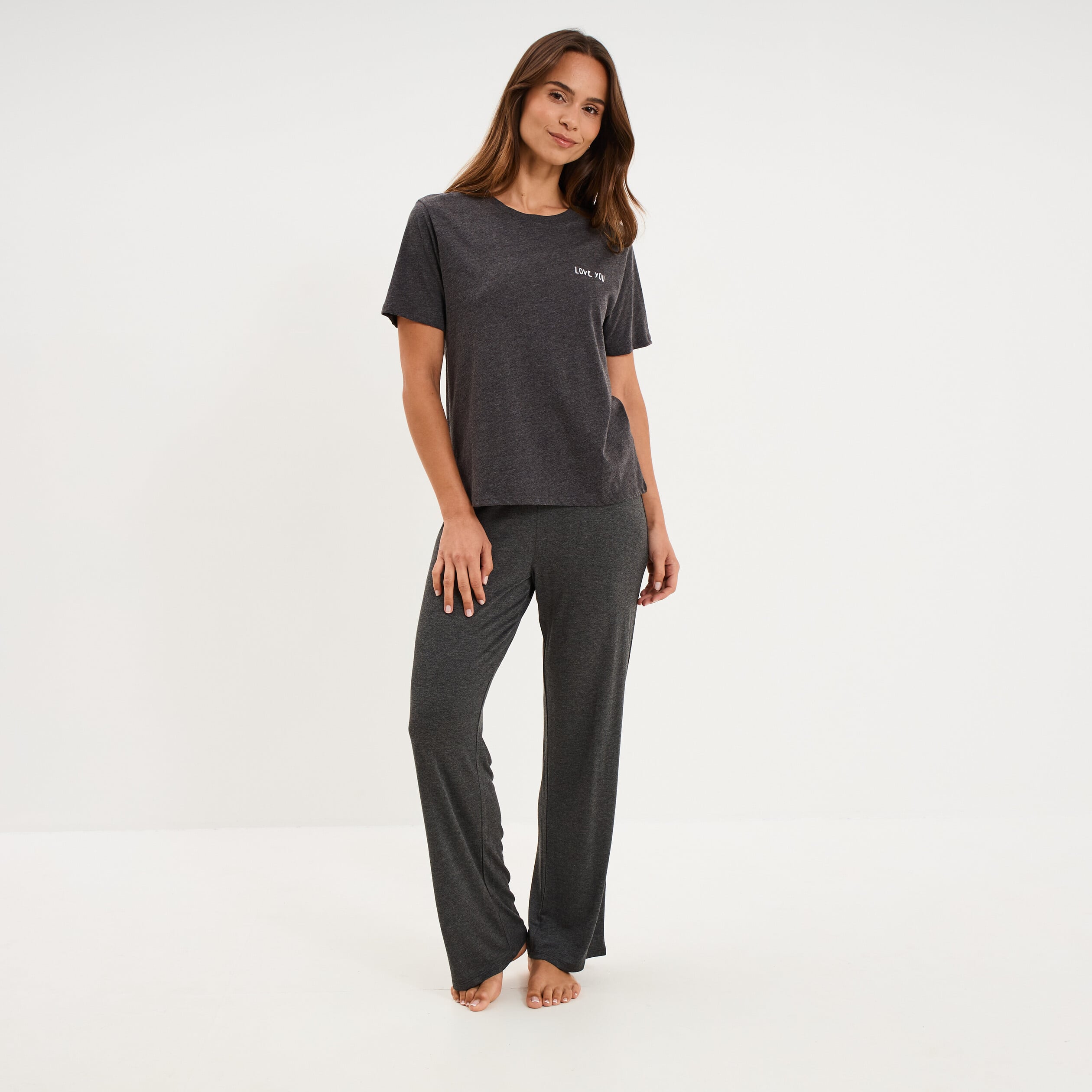 T-shirt col rond manches courtes coton gris fonc&eacute; femme