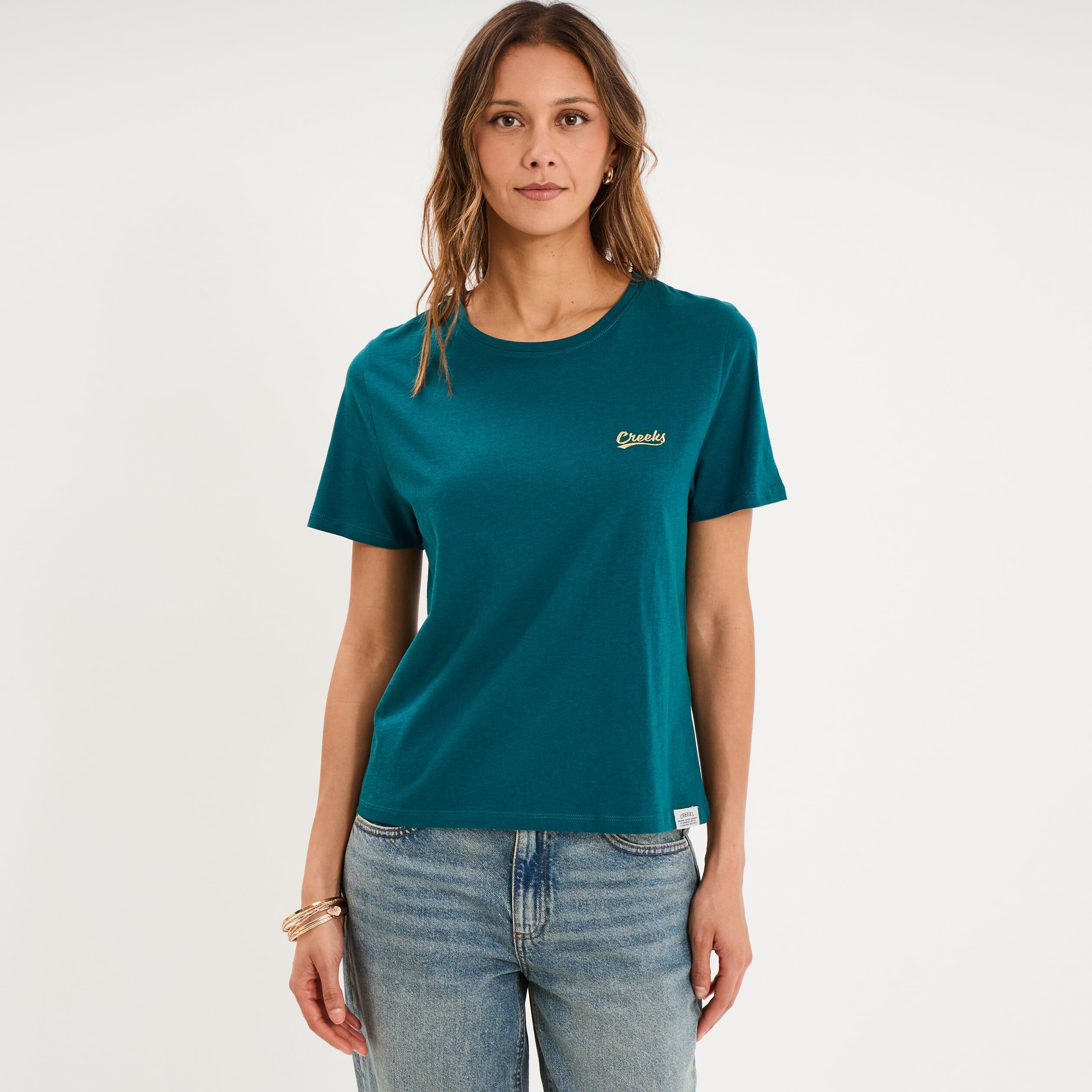 T-shirt col rond manches courtes vert fonc&eacute; femme