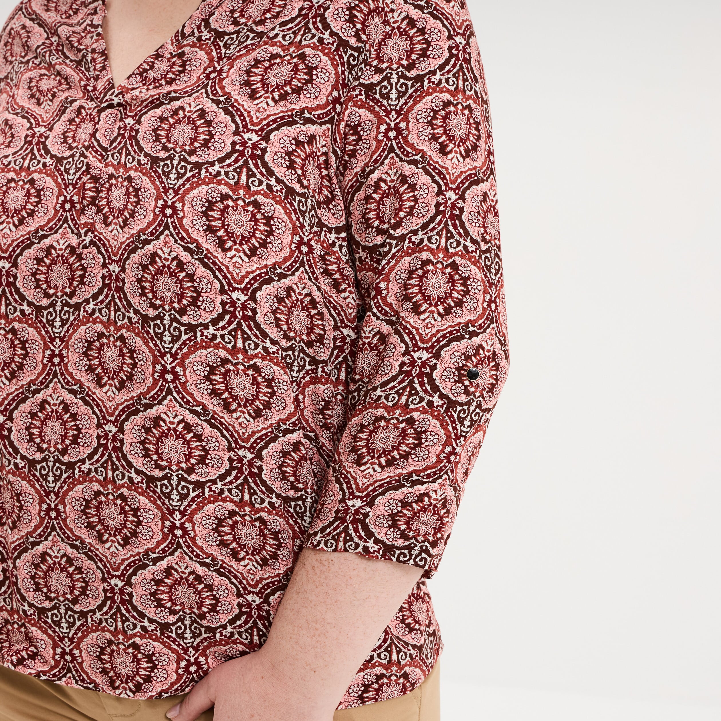 Blouse col tunisien manches 3/4 fluide marron chocolat femme grande taille