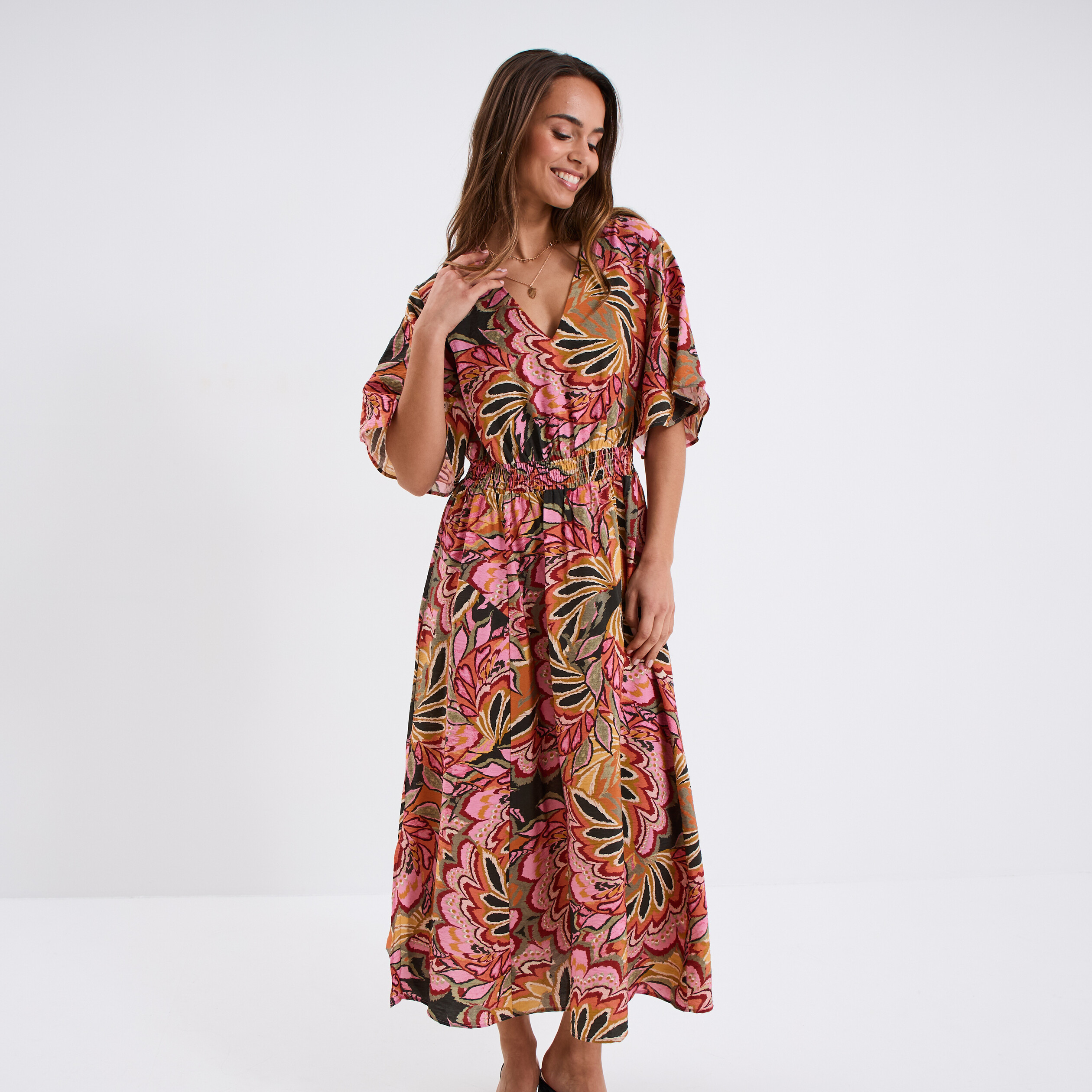 robe longue col en v taille elastiquee multicolore femme Robe longue col en V taille élastiquée multicolore femme