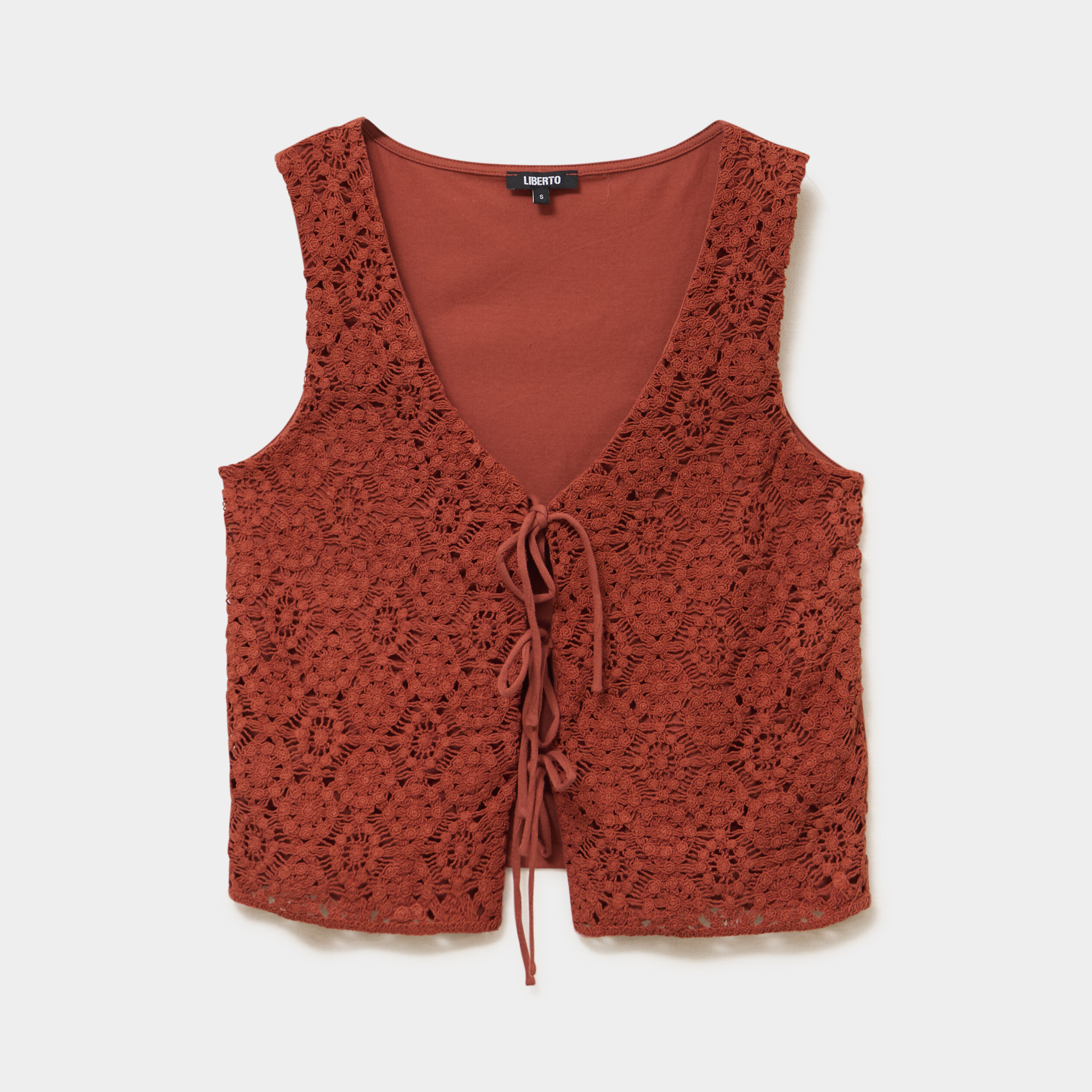 D&eacute;bardeur nou&eacute; effet dentelle macram&eacute; camel femme