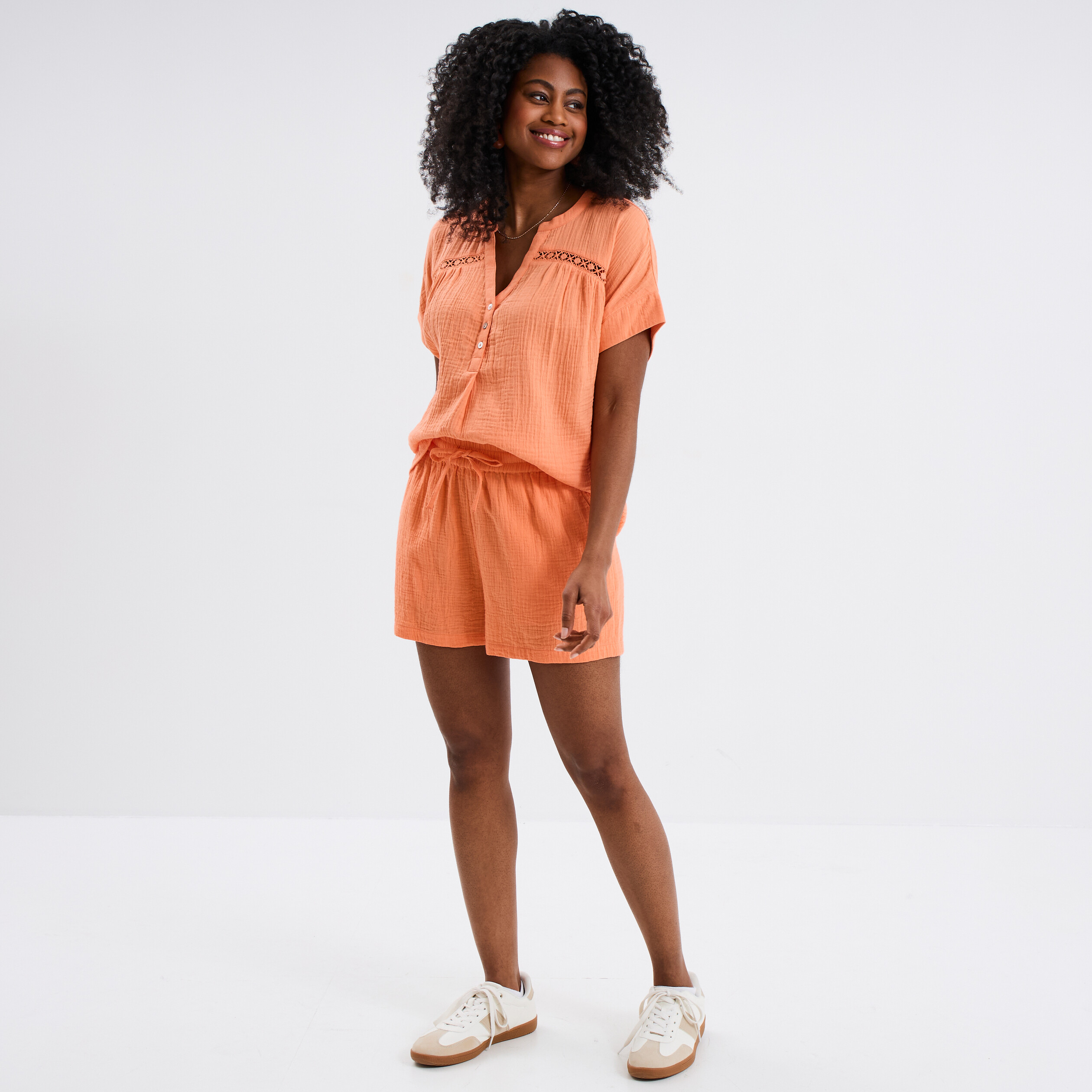 short taille elastiquee gaze de coton orange corail femme Short taille élastiquée gaze de coton orange corail femme