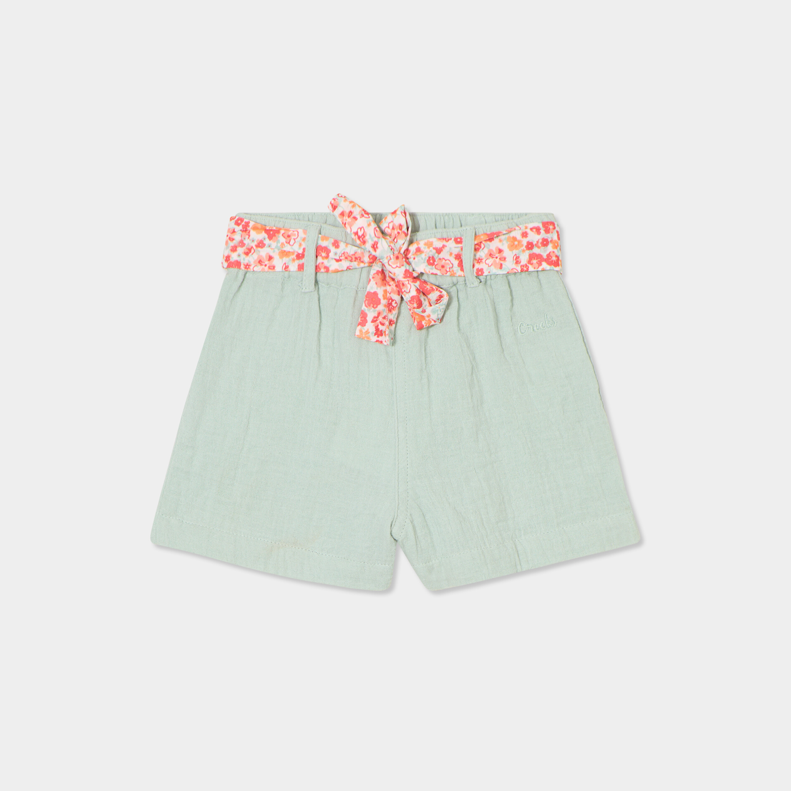 short ceinture foulard en gaze de coton vert pastel bebef Short ceinture foulard en gaze de coton vert pastel bébé fille
